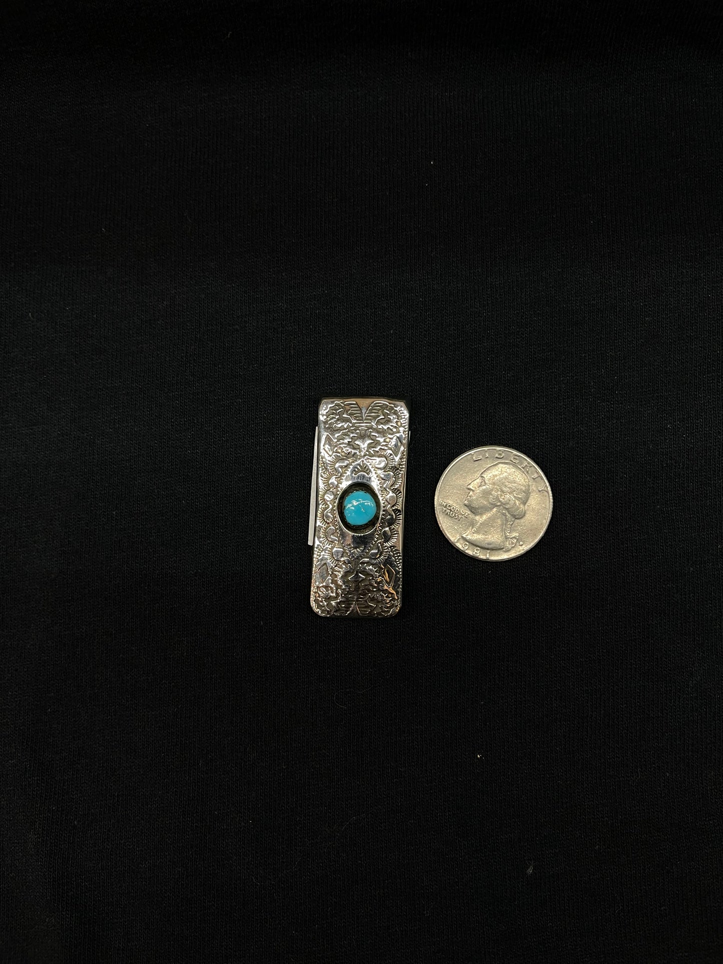 Turquoise Shadow Box Stamped Money Clip by Shirley Skeets, Navajo