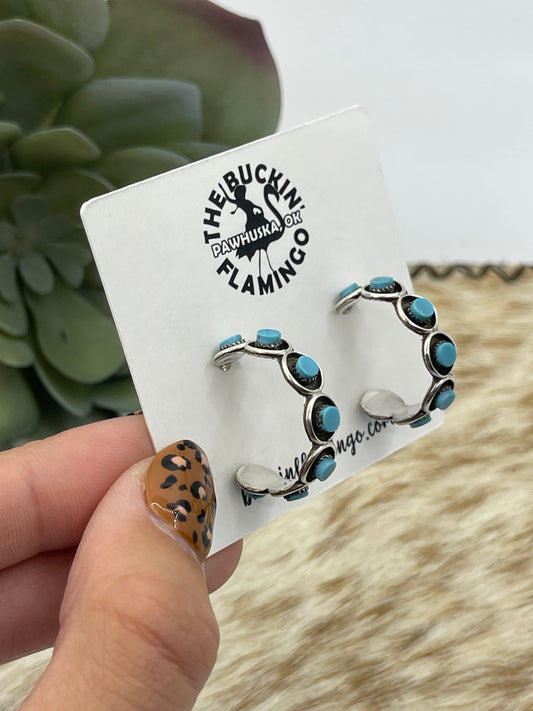 Turquoise Snake Eye Post Hoop Earrings by Ivy Booqua, Zuni