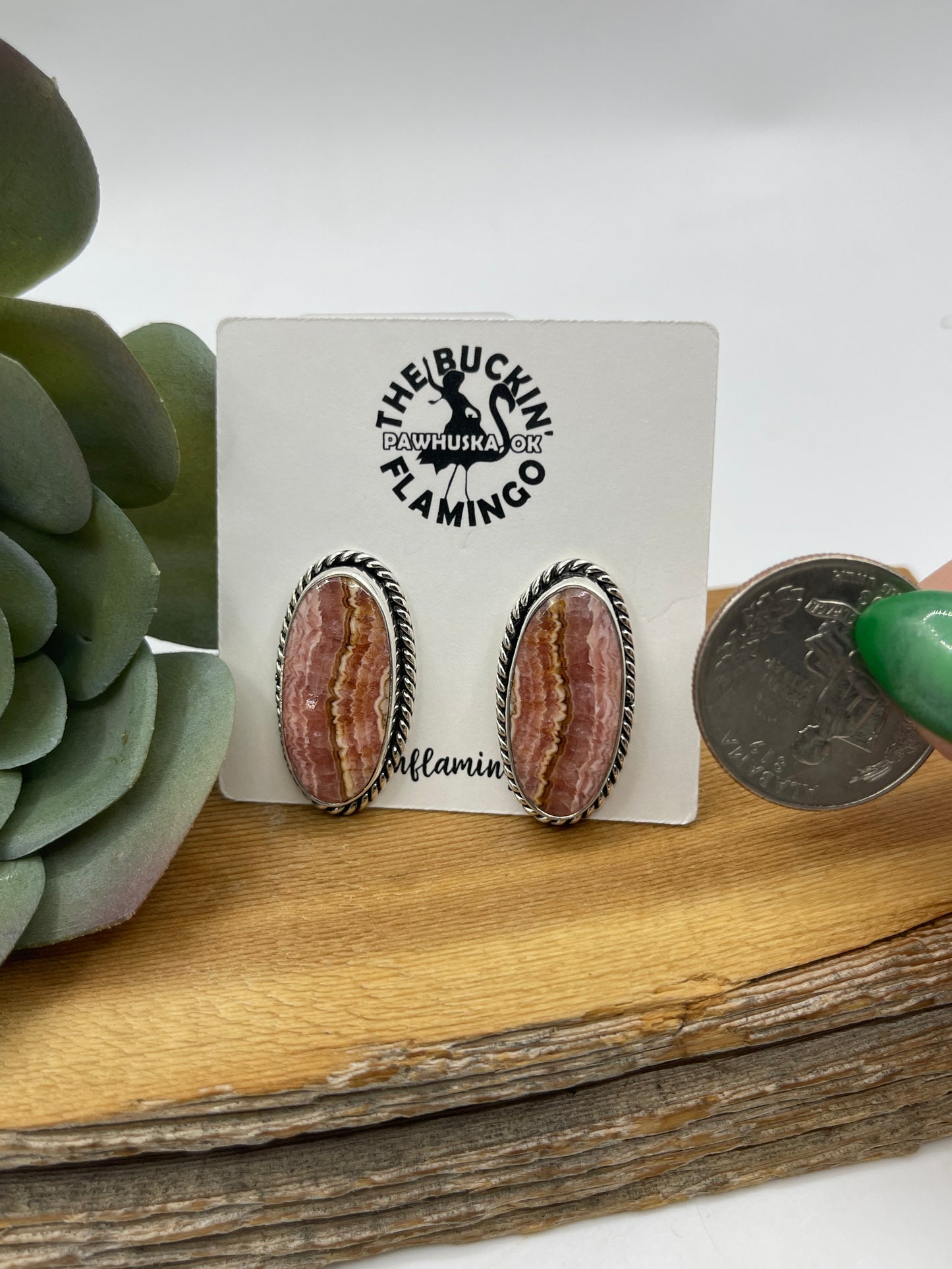 Oval Rhodochrosite Post Earrings by Duane Smith, Navajo