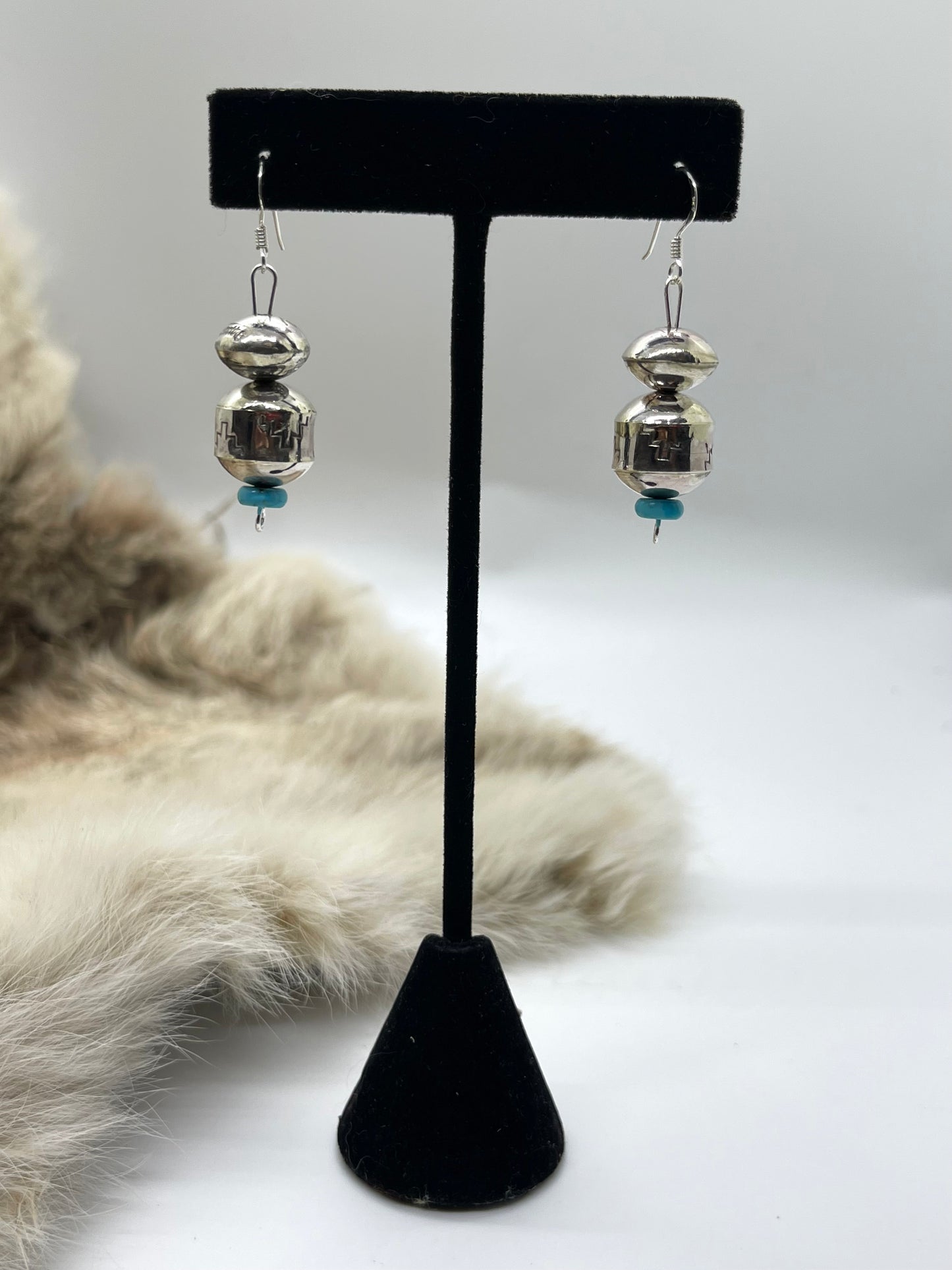 Handmade Navajo Pearls Dangle Earrings with Turquoise by Tylena Nez, Navajo