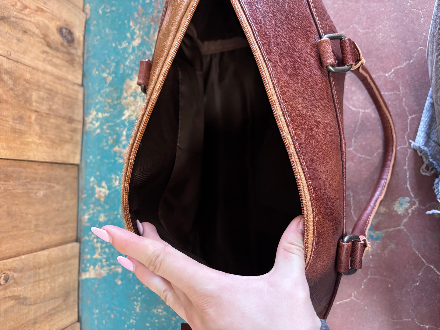 Brown and White Cowhide Leather Ace Of Spades Tooled Tote Bag