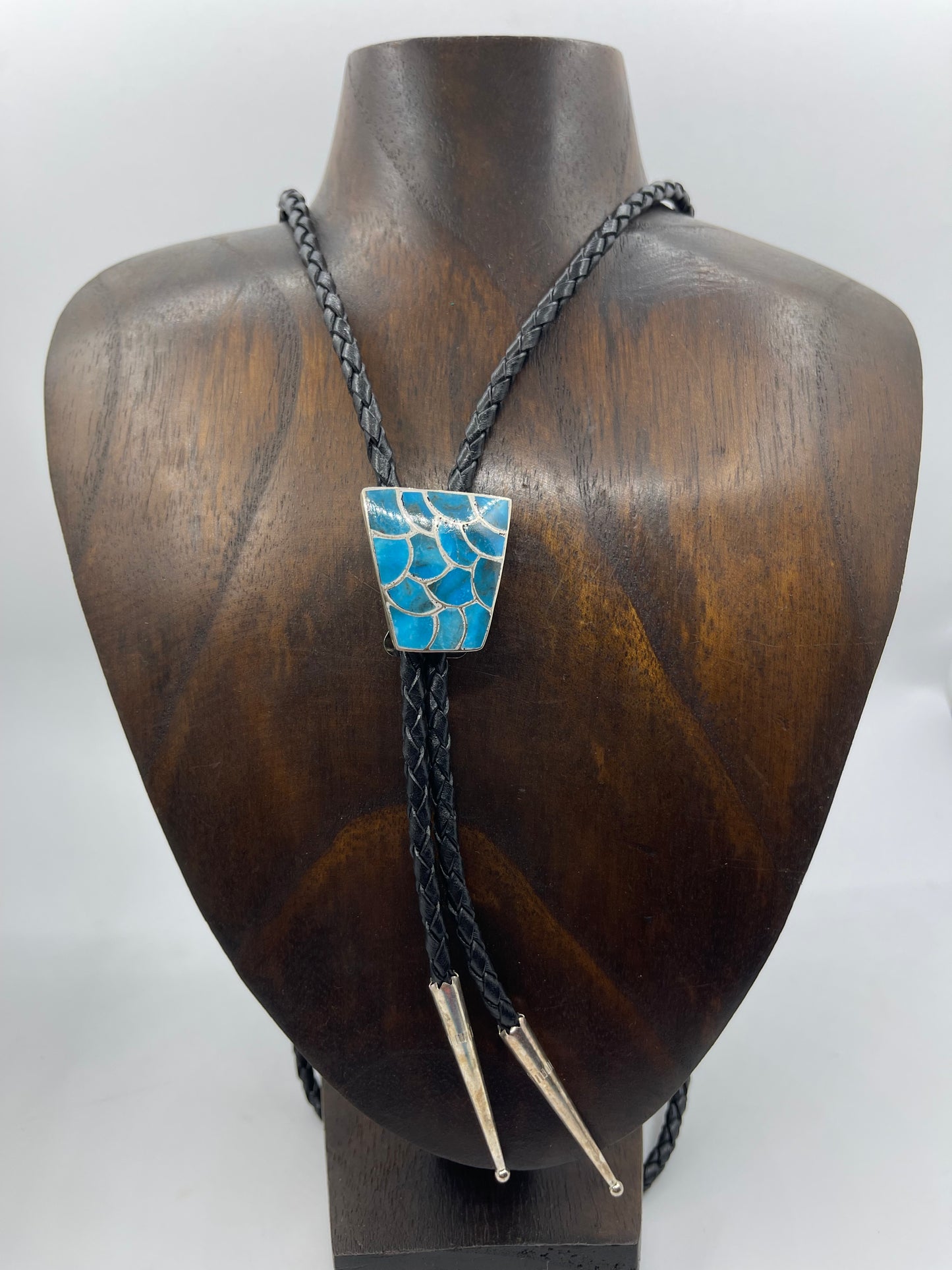 Turquoise Fish Scale Inlay Bolo Tie by Lynelle Johnson, Navajo