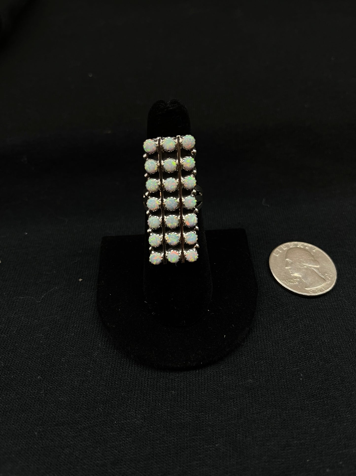 7.0 21 Stone White Opal Bar Ring by Kenny Lonjose, Zuni