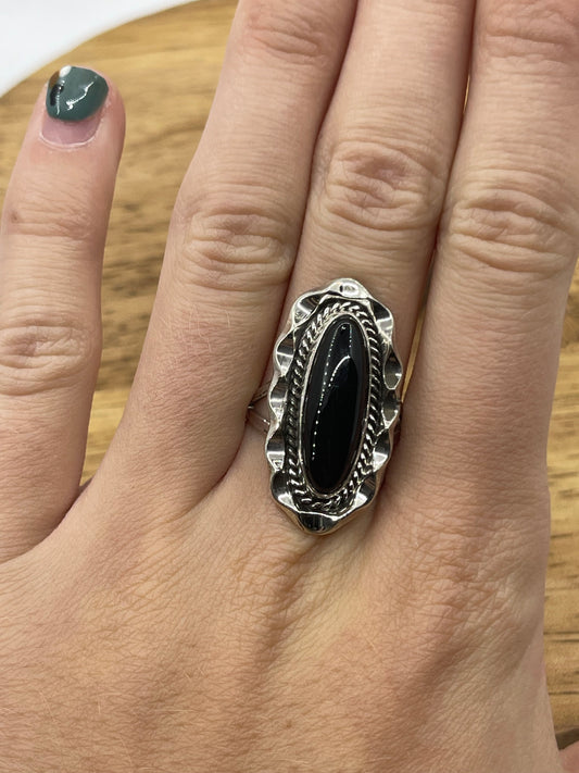 6.0 Black Onyx Oval Ring by Samuel Yellowhair, Navajo