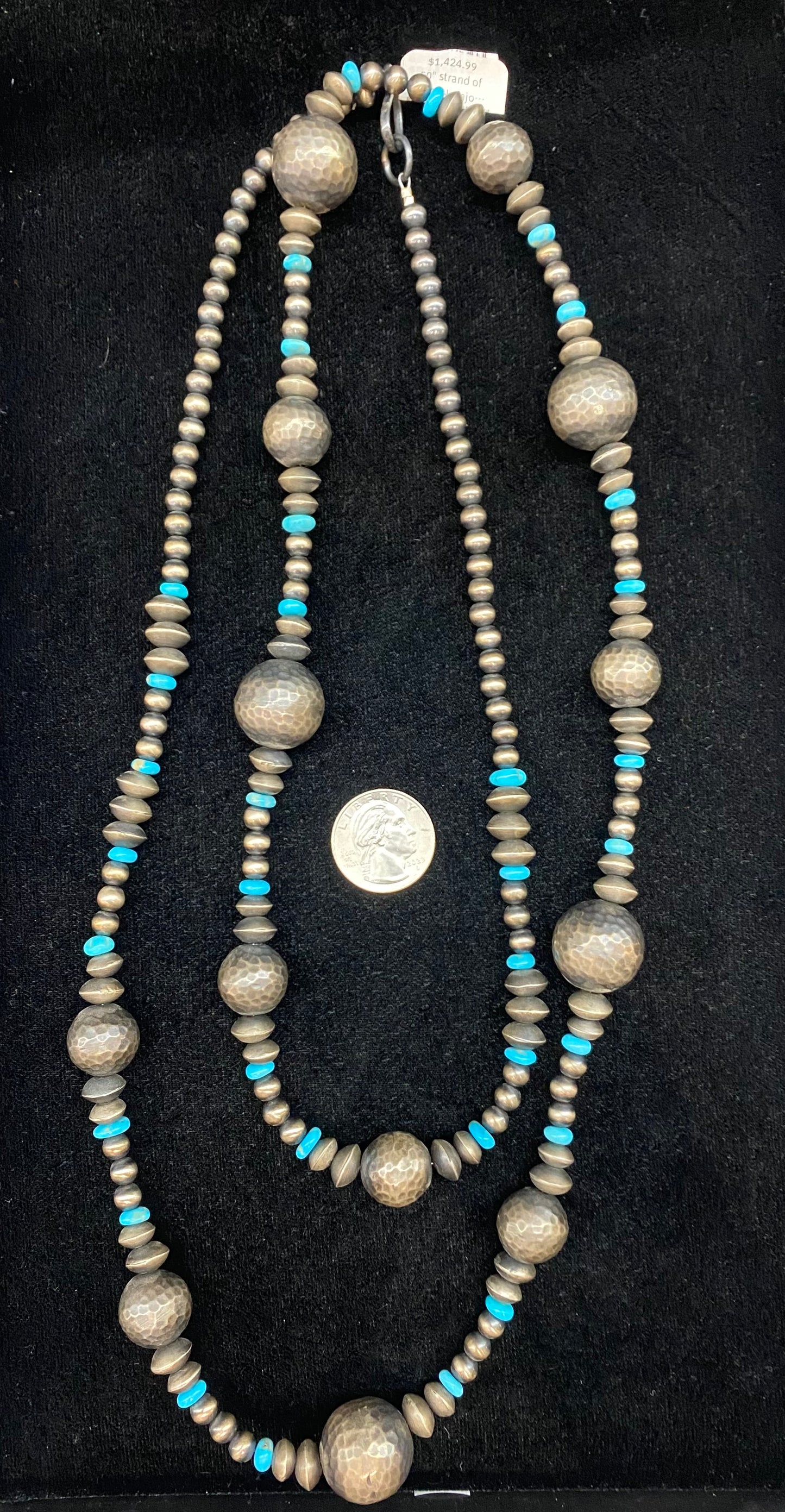 50" Strand of 6mm Handmade Navajo Pearls, Handmade Textured Sterling Silver Beads, Sleeping Beauty Turquoise Beads, 8mm and 10mm Navajo Saucers