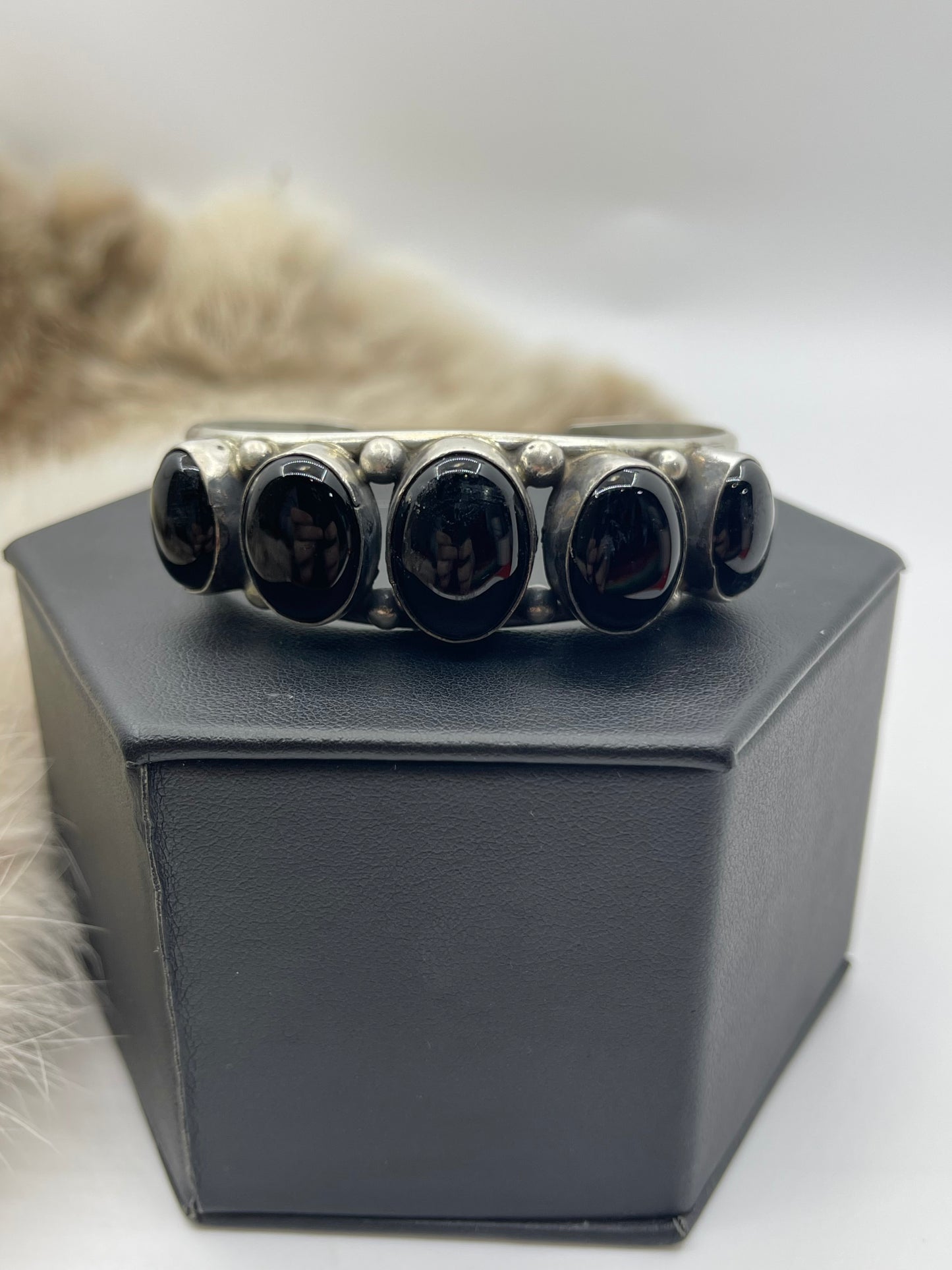 5.5" - 7" 5 Stone Black Onyx Cuff by Augustine Largo, Navajo