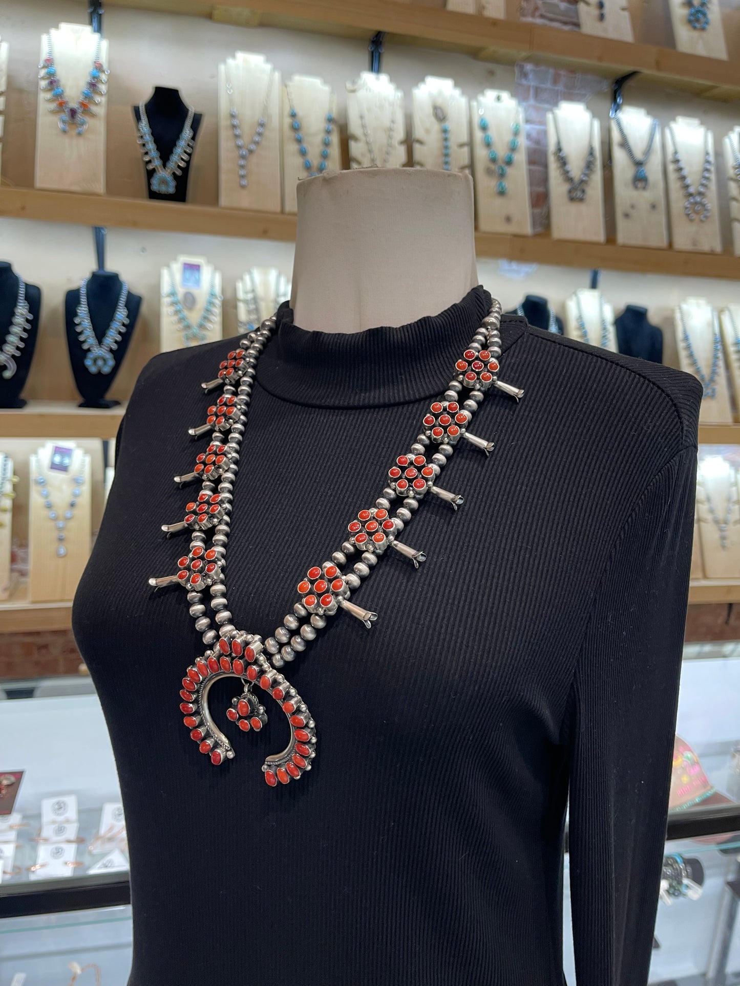 26" Red Coral Squash Blossom Necklace & Earring Set by Kathlyn Yazzie, Navajo