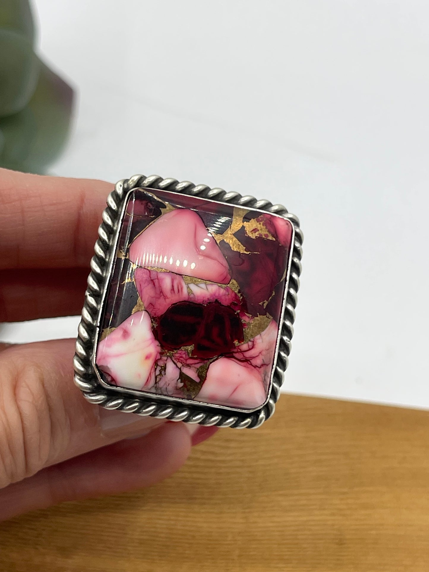 Adjustable 6.0-11.0 Dahlia Rose Square Ring by Augustine Largo, Navajo