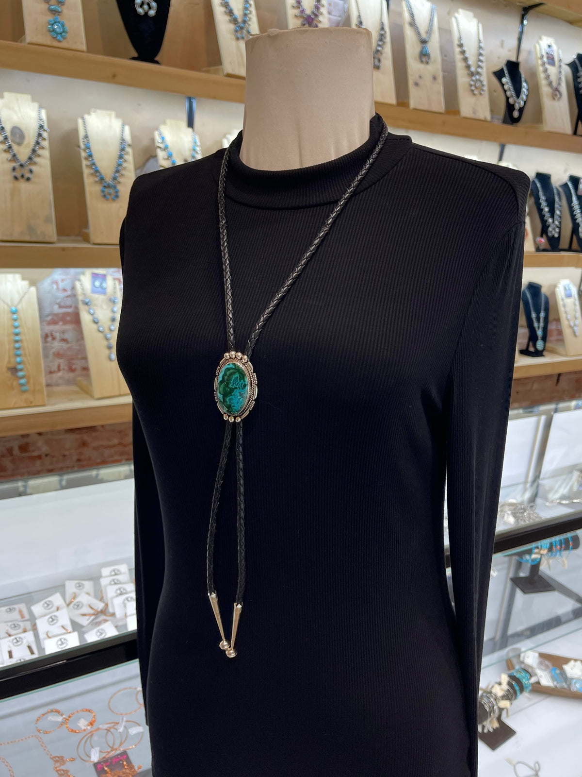 Azurite Chrysocolla Bolo Tie by Joelias Draper, Navajo