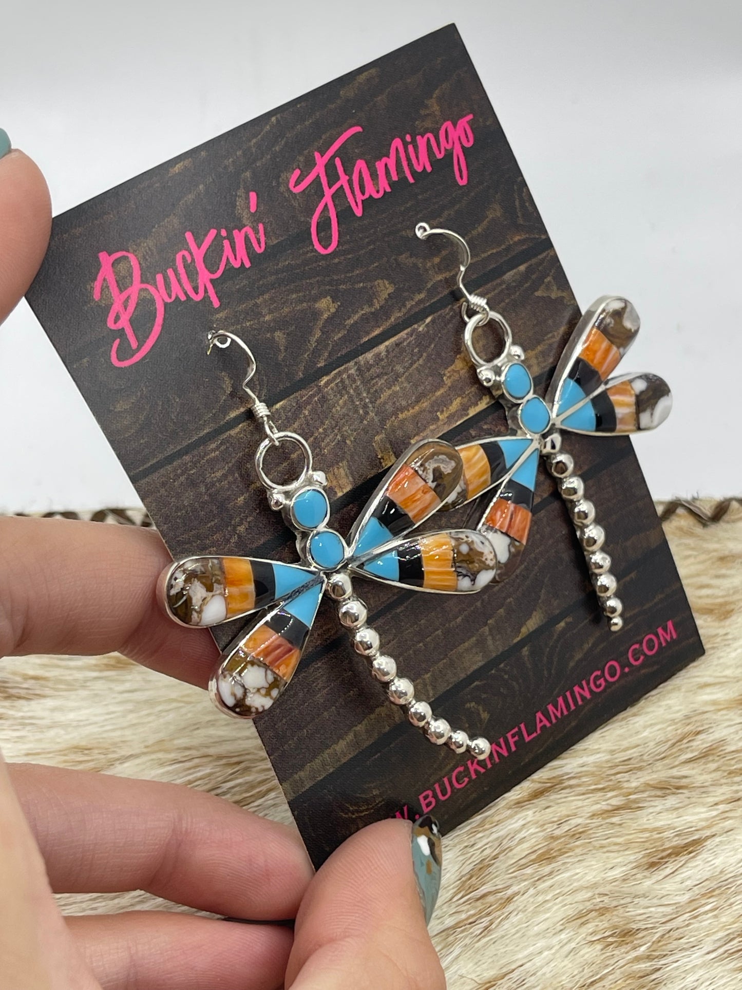 Wild Horse, Turquoise, Black Onyx, Spiny, and Mother of Pearl Dragonfly Dangle Earrings by Angus Ahiyite, Zuni