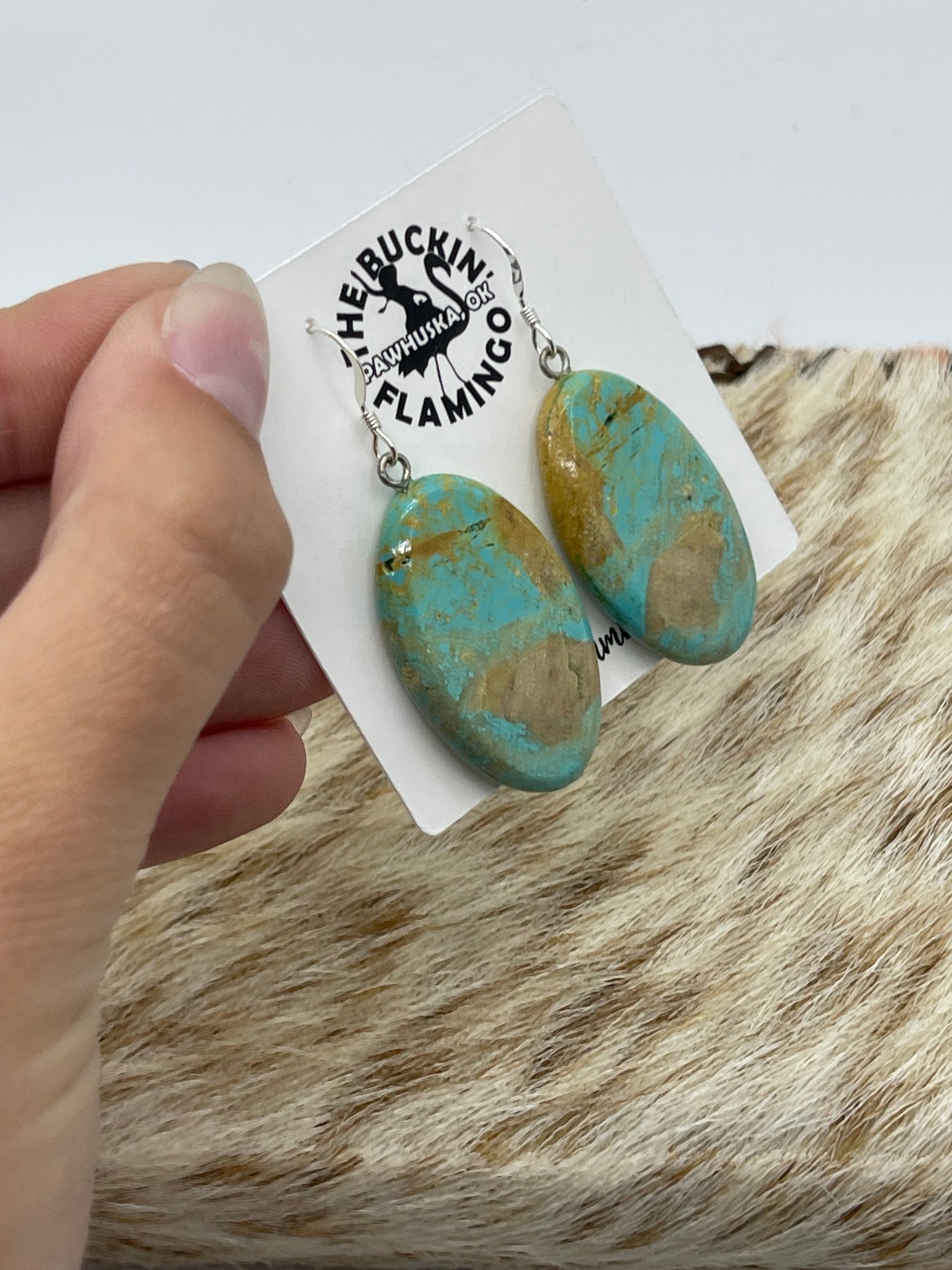 Turquoise Oval Rounded Edged Slab Dangle Earrings, Santo Domingo