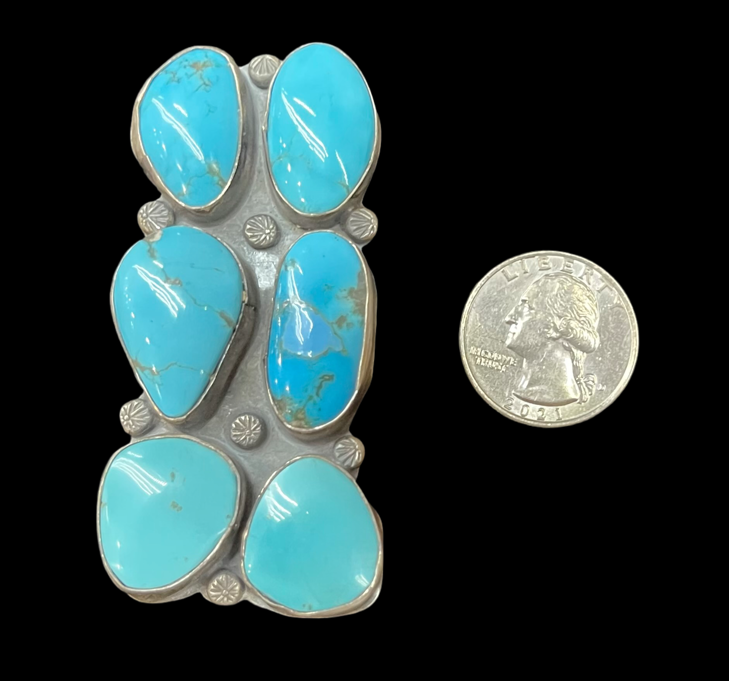 13.0 6 Stone Kingman Turquoise Ring by Gilbert Nez, Navajo