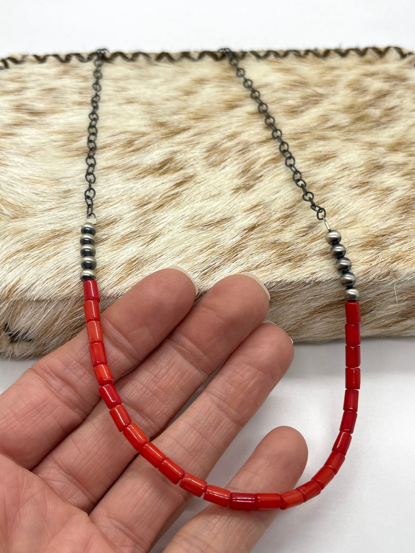 18" Red Coral and Navajo Pearls Beaded Chain Necklace