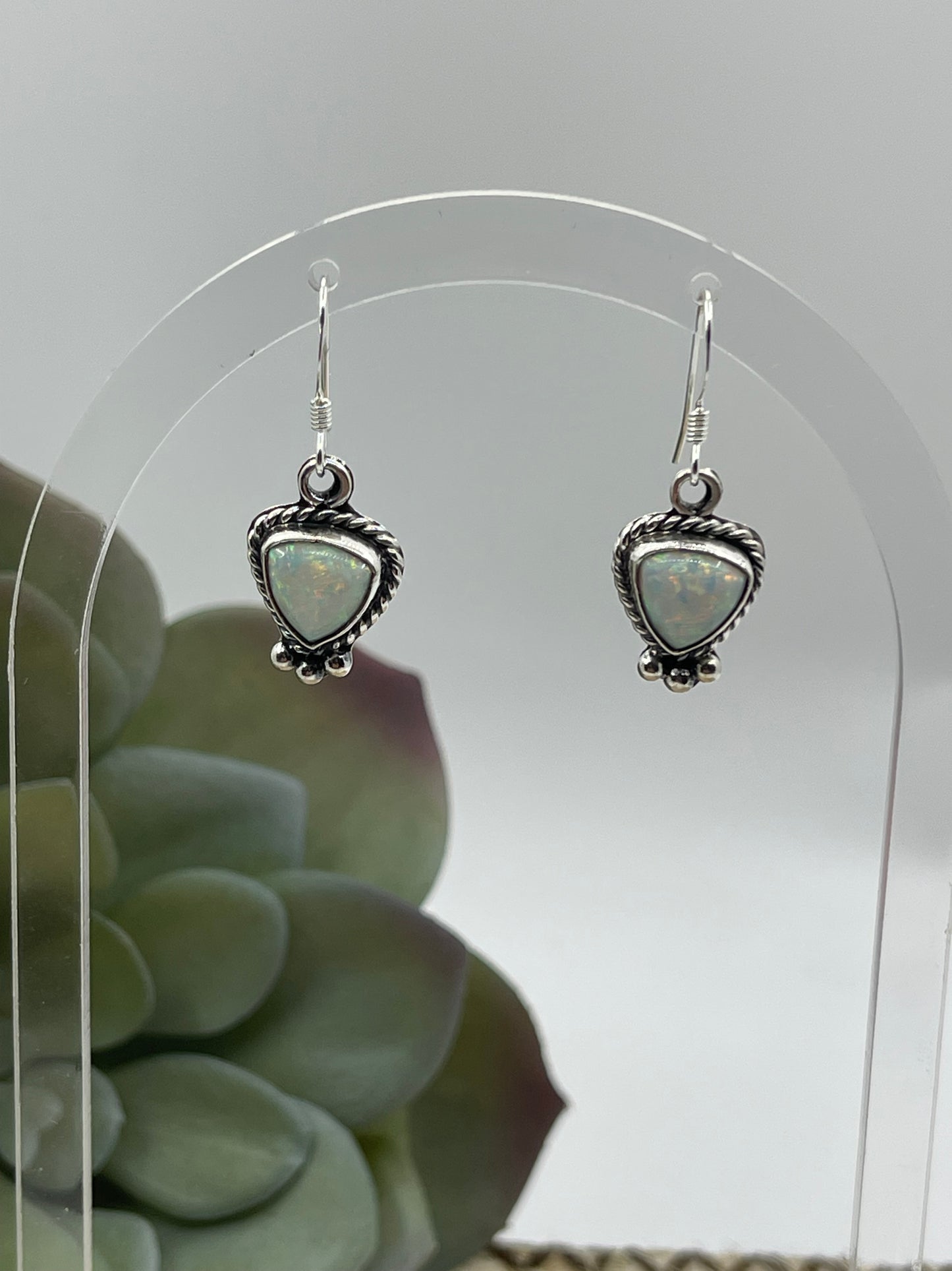 White Opal Rounded 11 mm Triangle Dangle Earrings