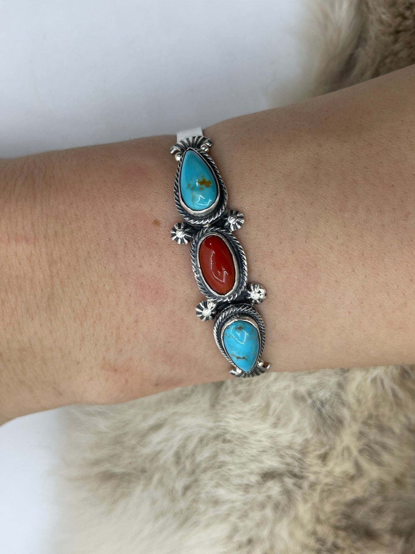 6”-6.5” Turquoise & Red Coral Cuff by Harry B. Yazzie, Navajo
