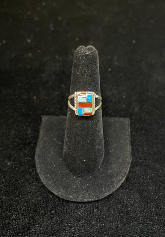 Sleeping Beauty Turquoise, Red Coral, and Fire Roasted White Opal Inlay Ring