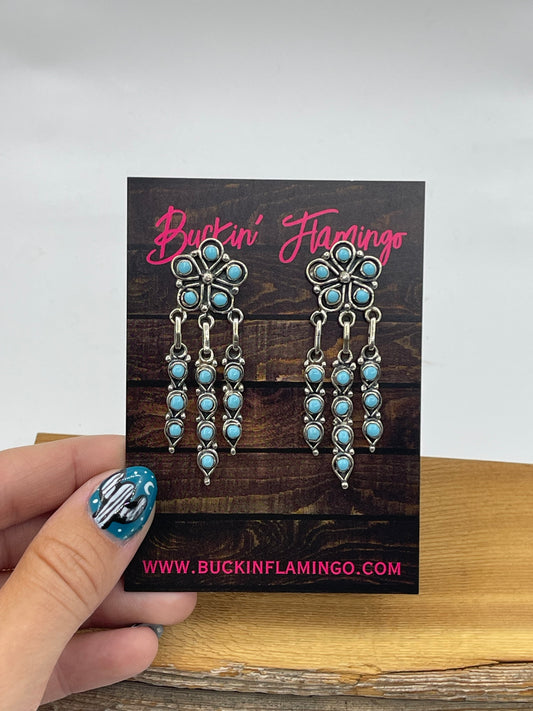 Zuni Turquoise Flower Chandelier Post Dangle Earrings