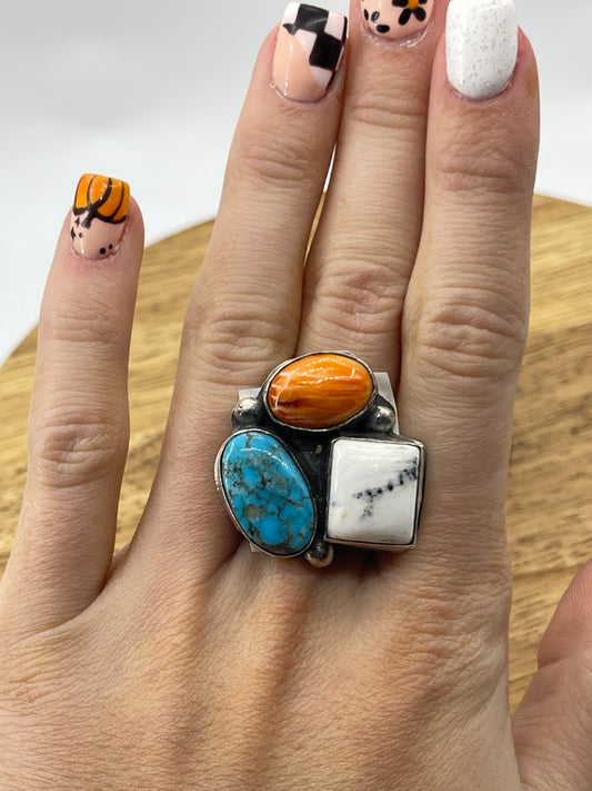 Adjustable Orange Spiny, White Buffalo, and Turquoise Cluster Ring