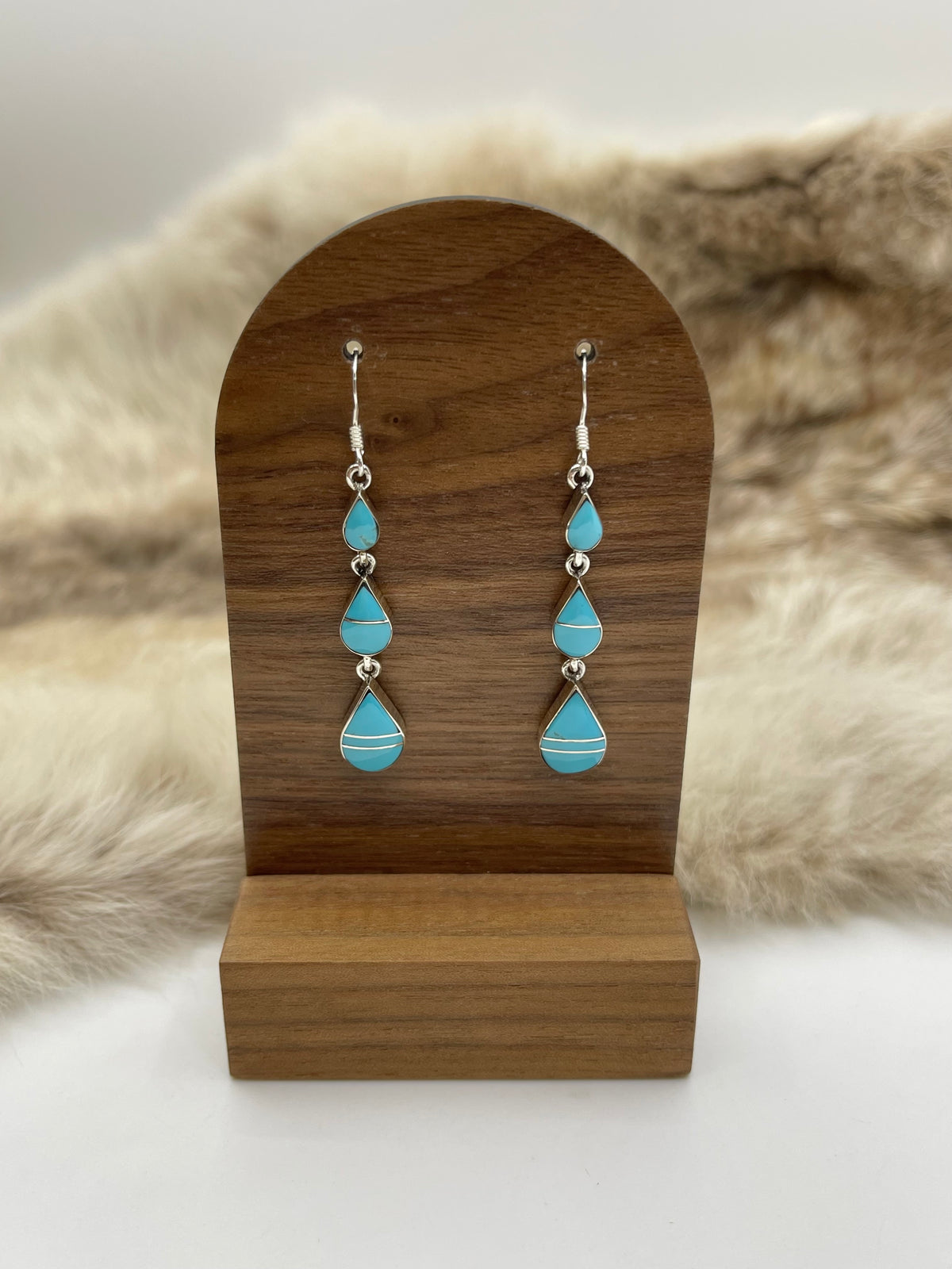 Turquoise Inlay Teardrop Triple Dangle Earrings by James Manygoats, Navajo