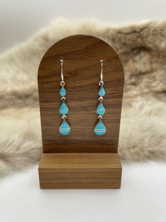 Turquoise Inlay Teardrop Triple Dangle Earrings by James Manygoats, Navajo