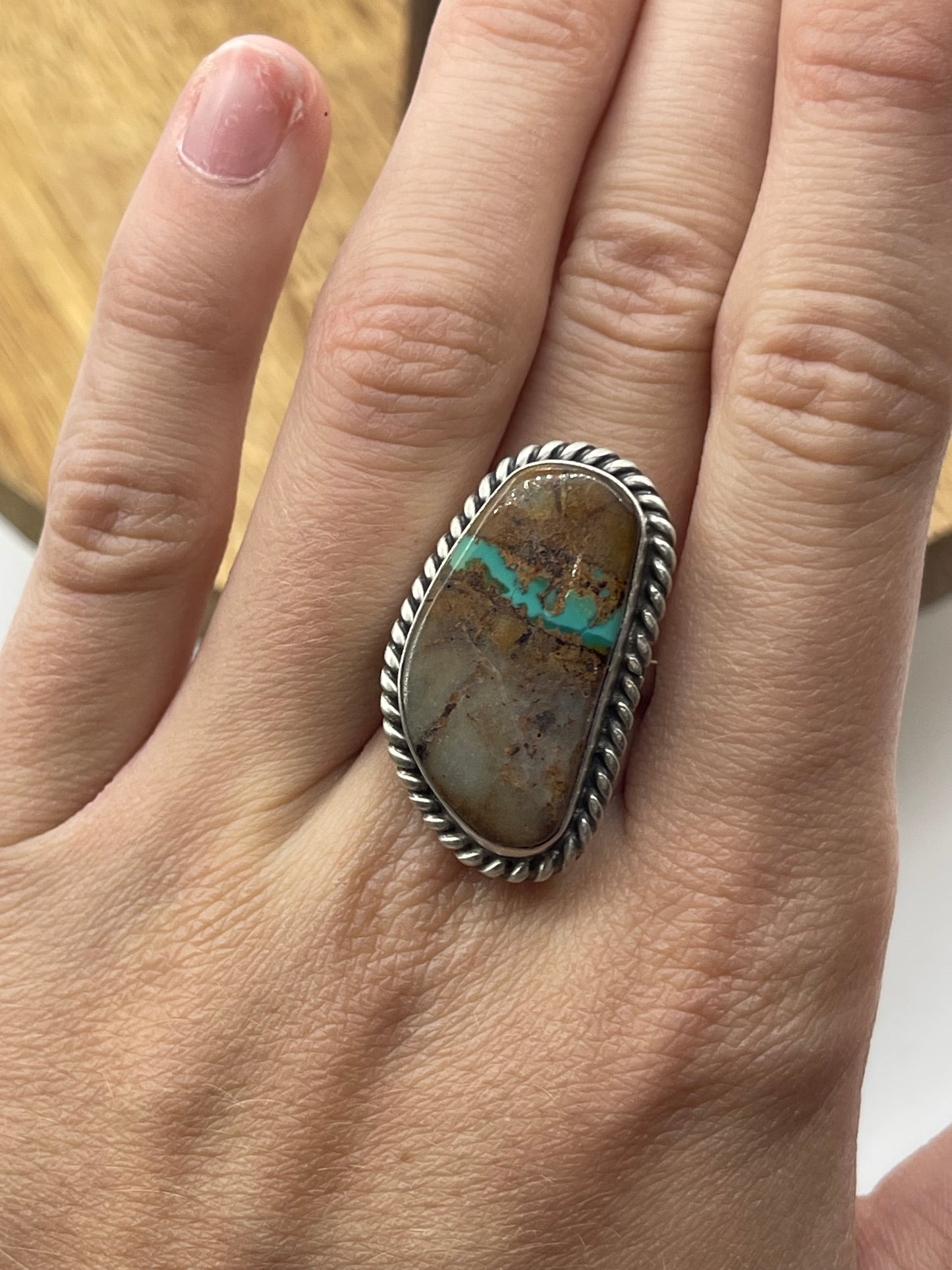 Adjustable 6.0-11.0 Royston Ribbon Turquoise Ring by Donovan Skeets, Navajo