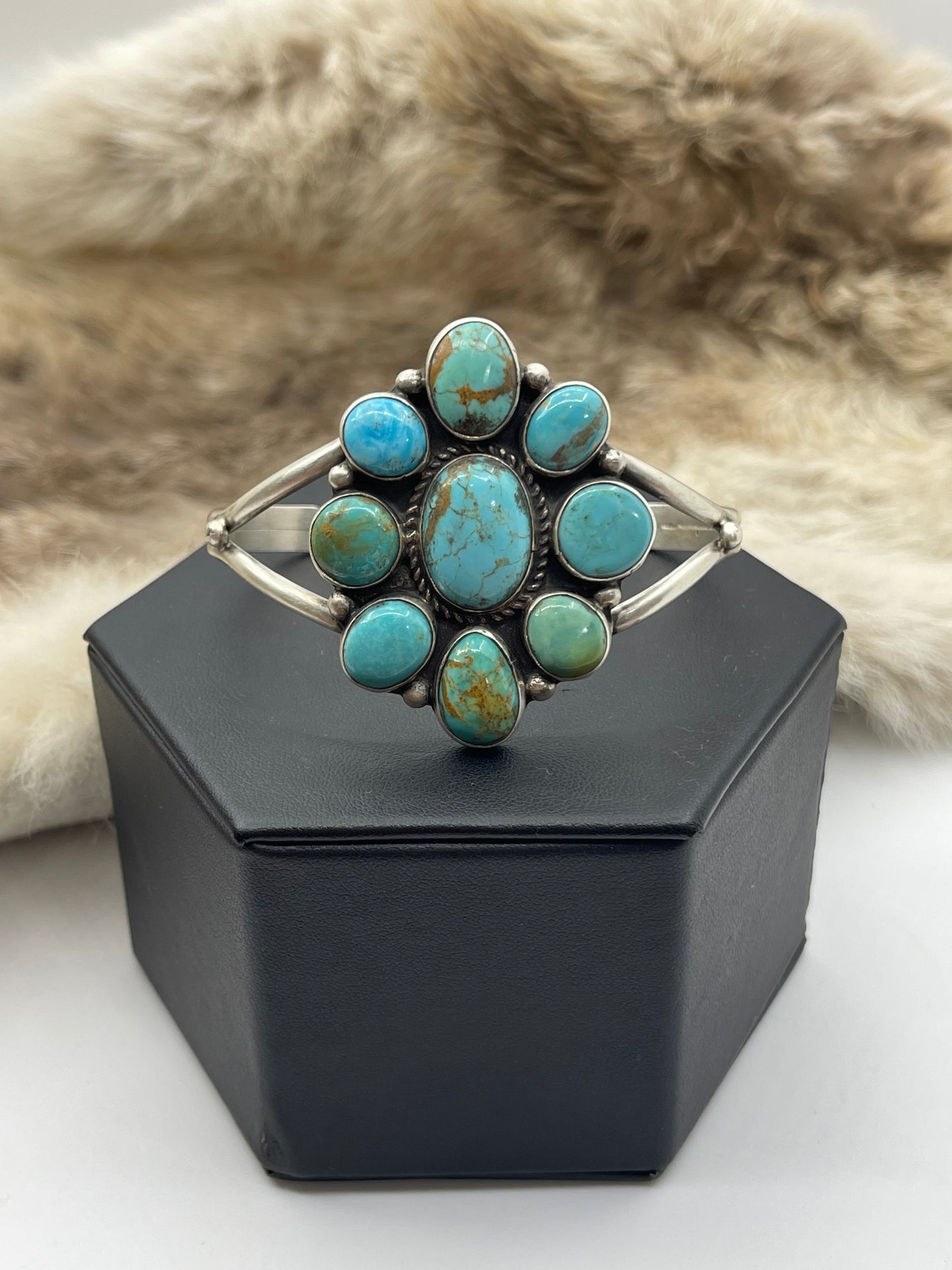 5.5"-7" Kingman Turquoise Cluster Cuff by Geraldine James, Navajo