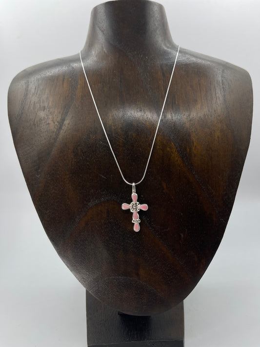 16" Pink Conch Shell Cross Necklace by Bryce Vacit, Navajo
