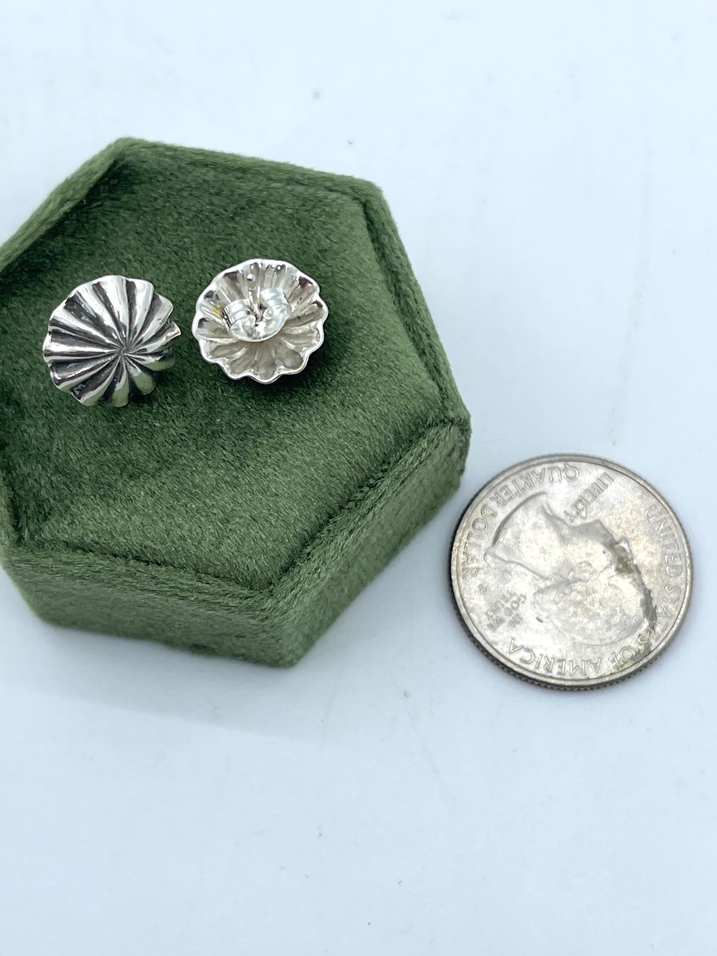 Small Silver Concho Stud Earrings by Sally Shurley, Navajo