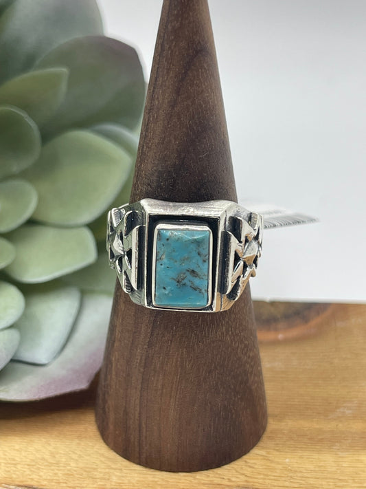 9.5 Blue Kingman Turquoise Rectangle Ring by Bevis Tsadiasi, Zuni