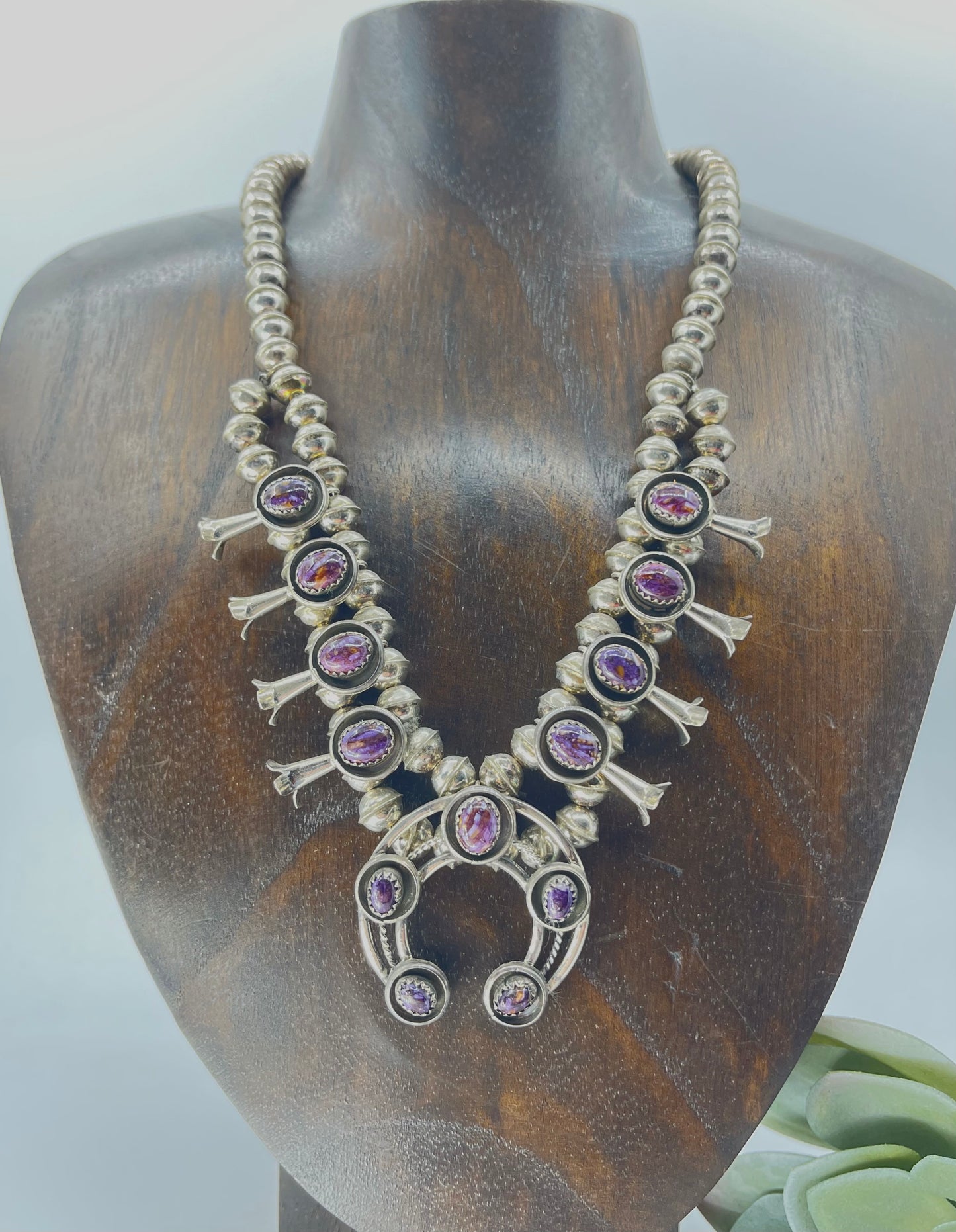 16" Purple Spiny Oyster Squash Blossom Necklace and Dangle Earrings By Phil Garcia, Navajo
