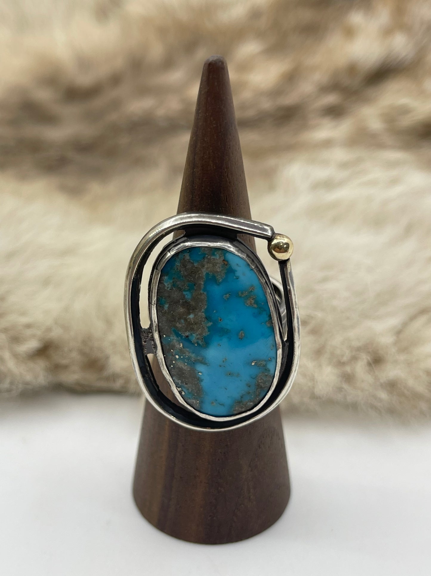 Bad Bronc Adjustable (Up To 10.0) Ring w/ Arizona Turquoise & 14k Gold Ball by Bad Bronc