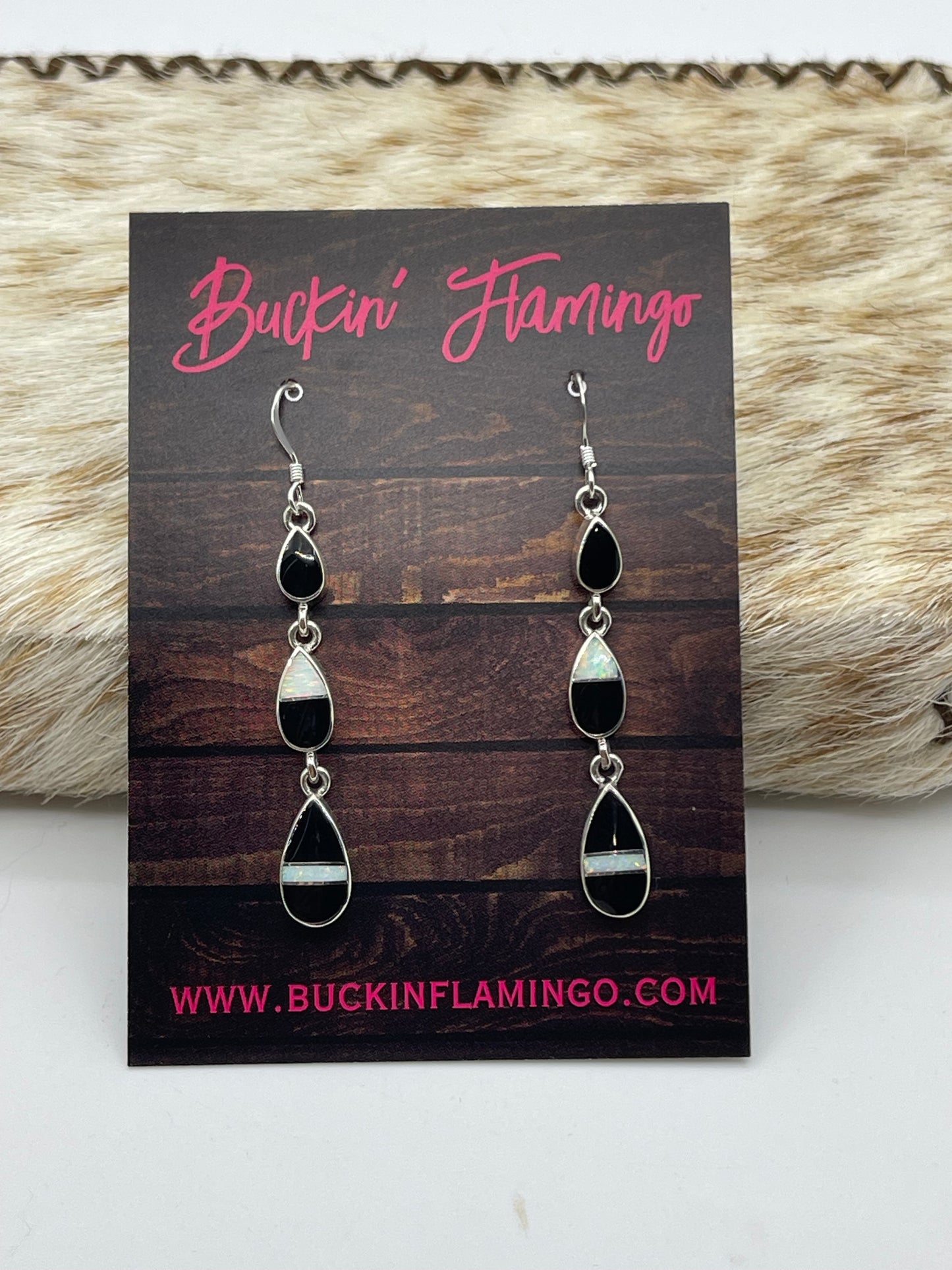 White Opal and Black Onyx Dangle Earrings by James Manygoats, Navajo