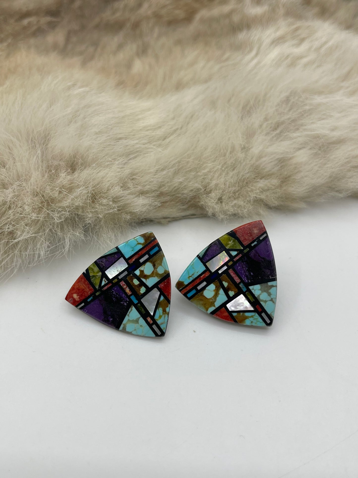 #8 Turquoise, Mother of Pearl, Sugilite, Red Coral, Spiny Oyster, on Black Jet with Post Earrings