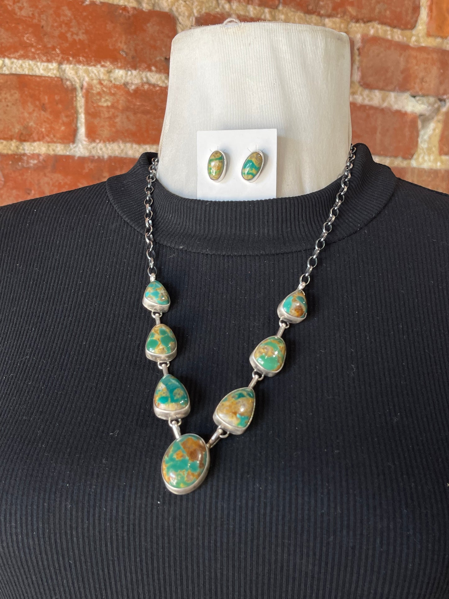 Royston Turquoise 7 Stone Necklace and Earrings by Augustine Largo, Navajo