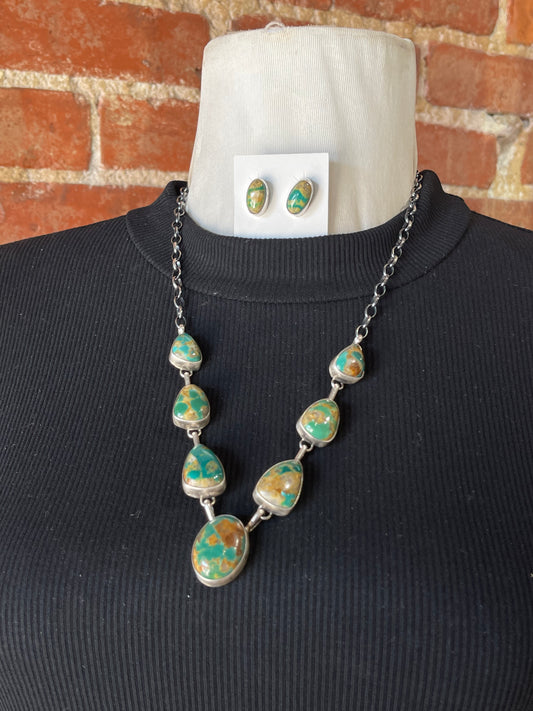 Royston Turquoise 7 Stone Necklace and Earrings by Augustine Largo, Navajo