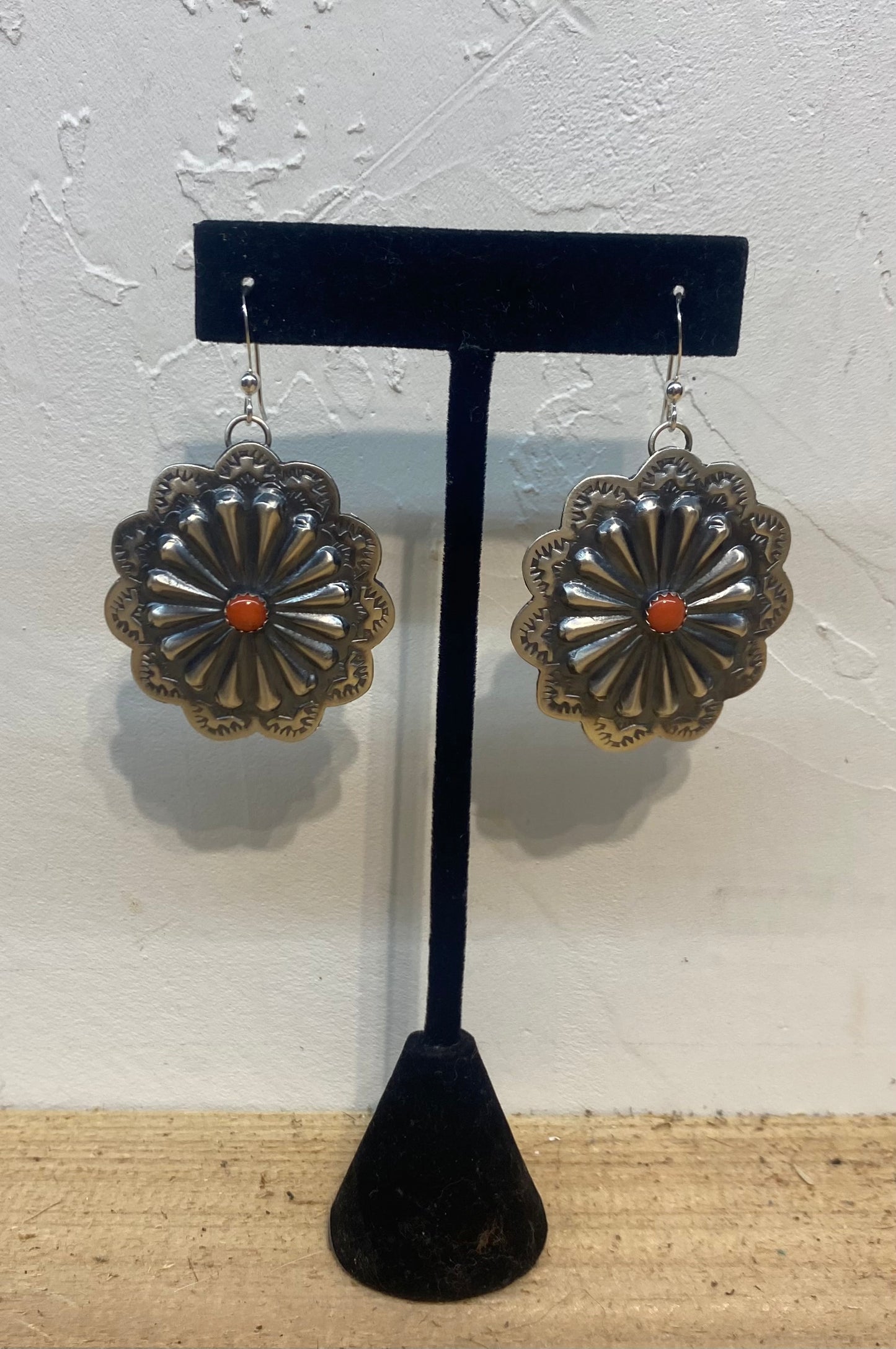 Hand Stamped Sterling Silver Concho with Coral Dangle Earrings by Rita Daye