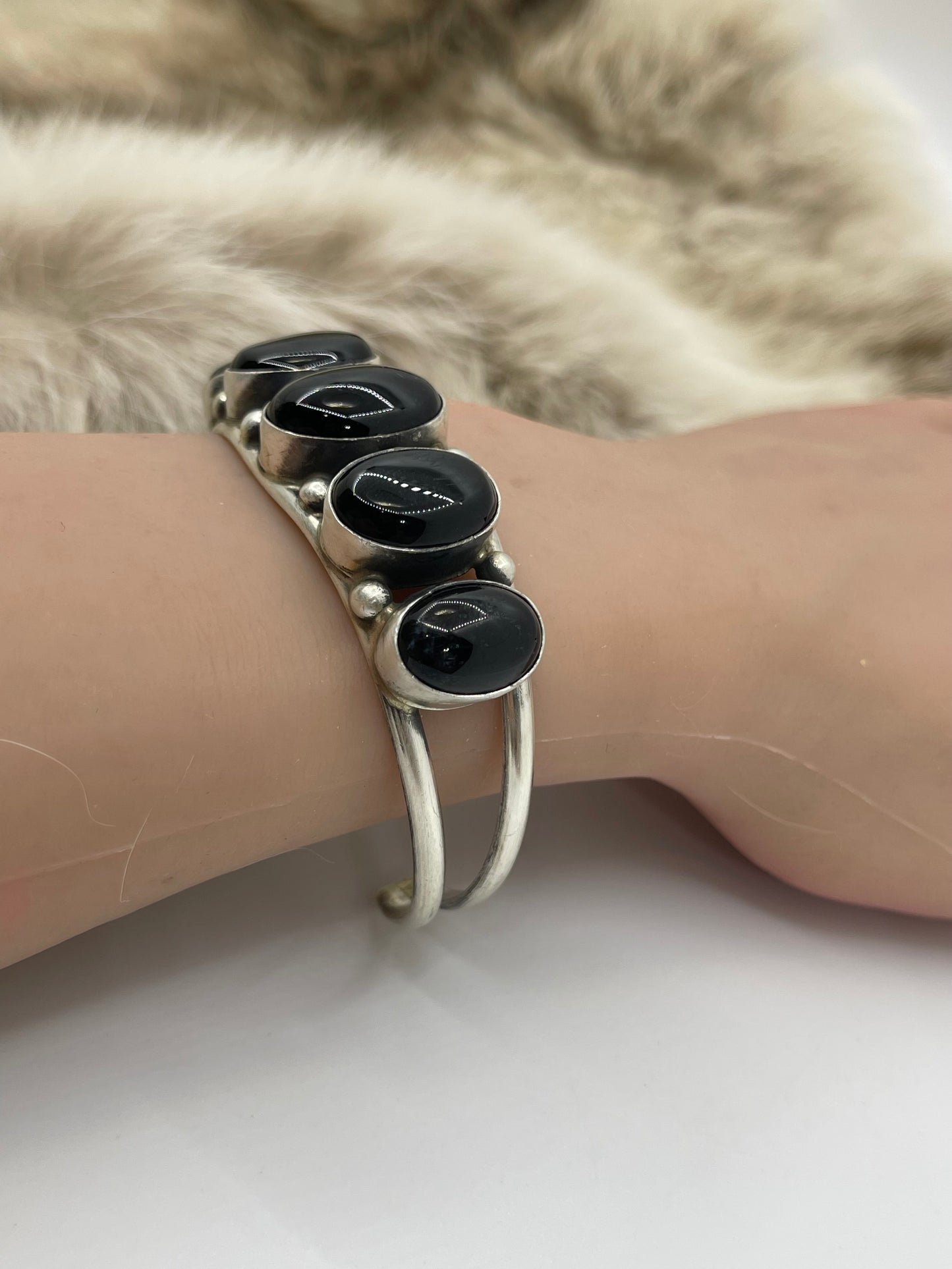 5.5" - 7" 5 Stone Black Onyx Cuff by Augustine Largo, Navajo