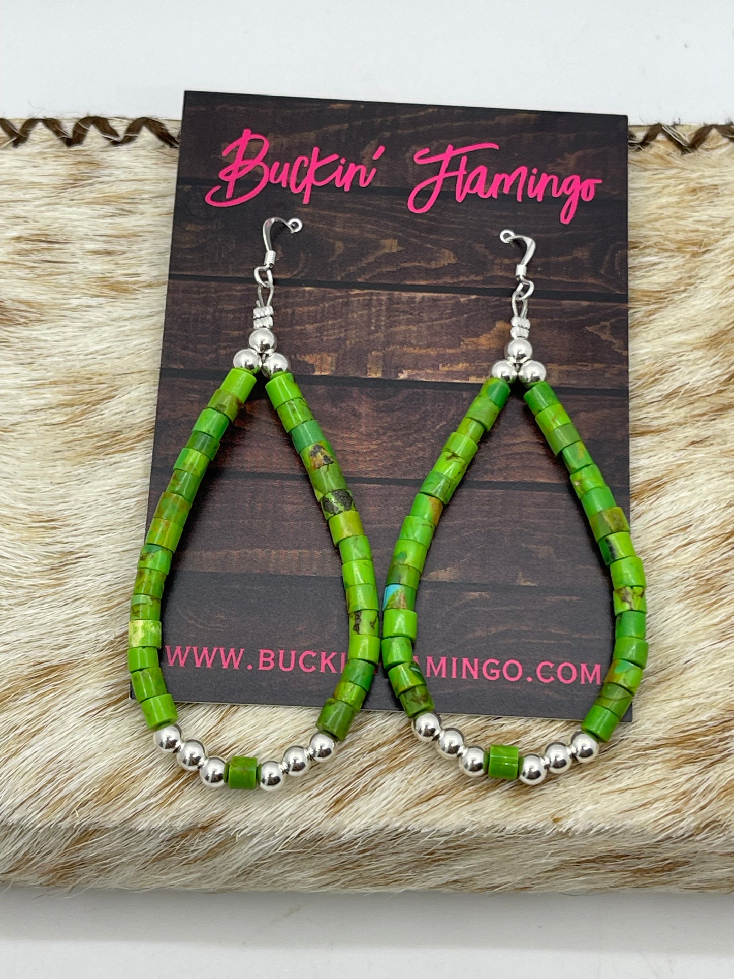 Beaded Green Mohave and Silver Teardrop Dangle Earrings by Grace Kenneth, Navajo