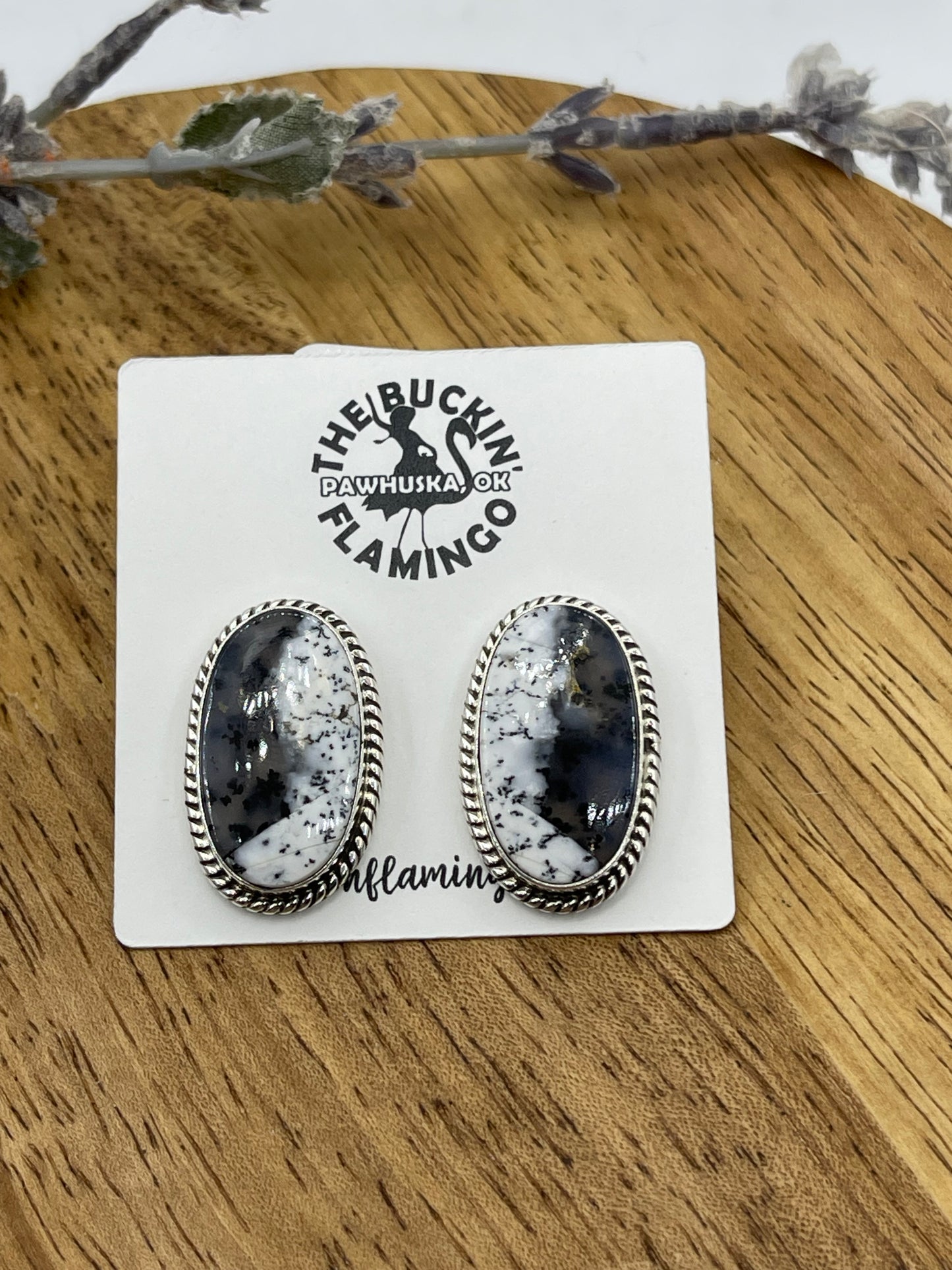 Dendrite Opal Agate Oval Post Earrings, Navajo