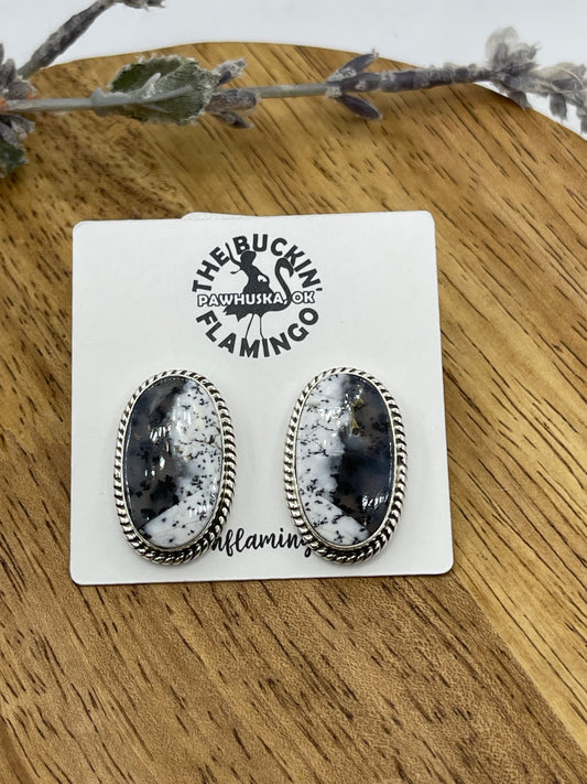 Dendrite Opal Agate Oval Post Earrings, Navajo