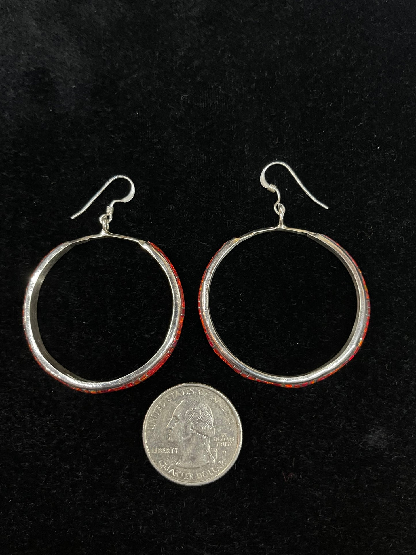 Red Opal Inlay Hoop Earrings by Kerrie Peina, Zuni