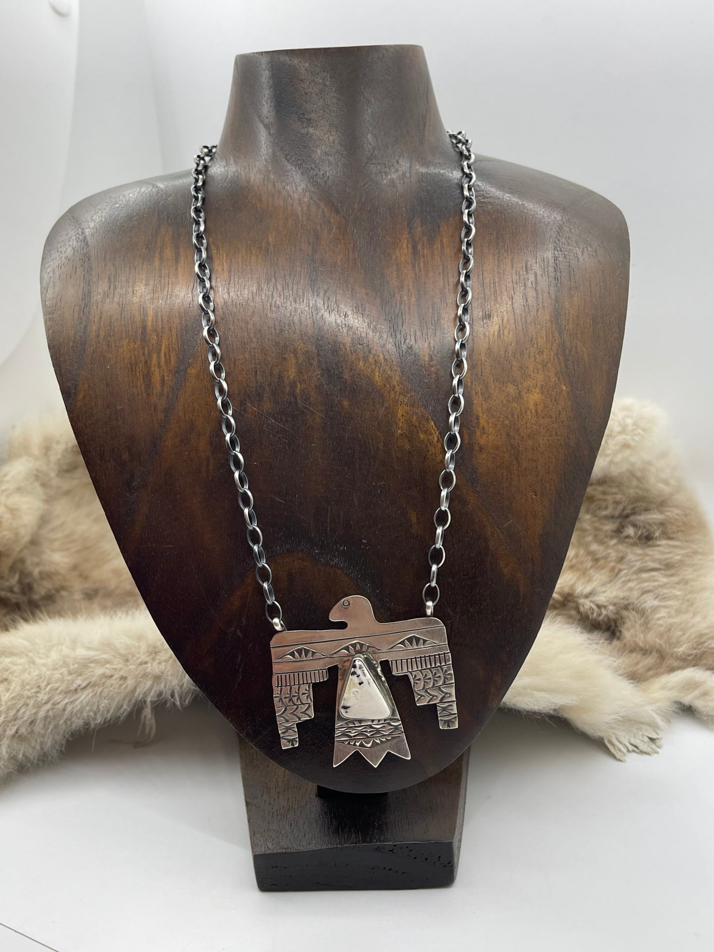 19" White Buffalo Thunderbird Necklace by Rick Enriquez, Navajo