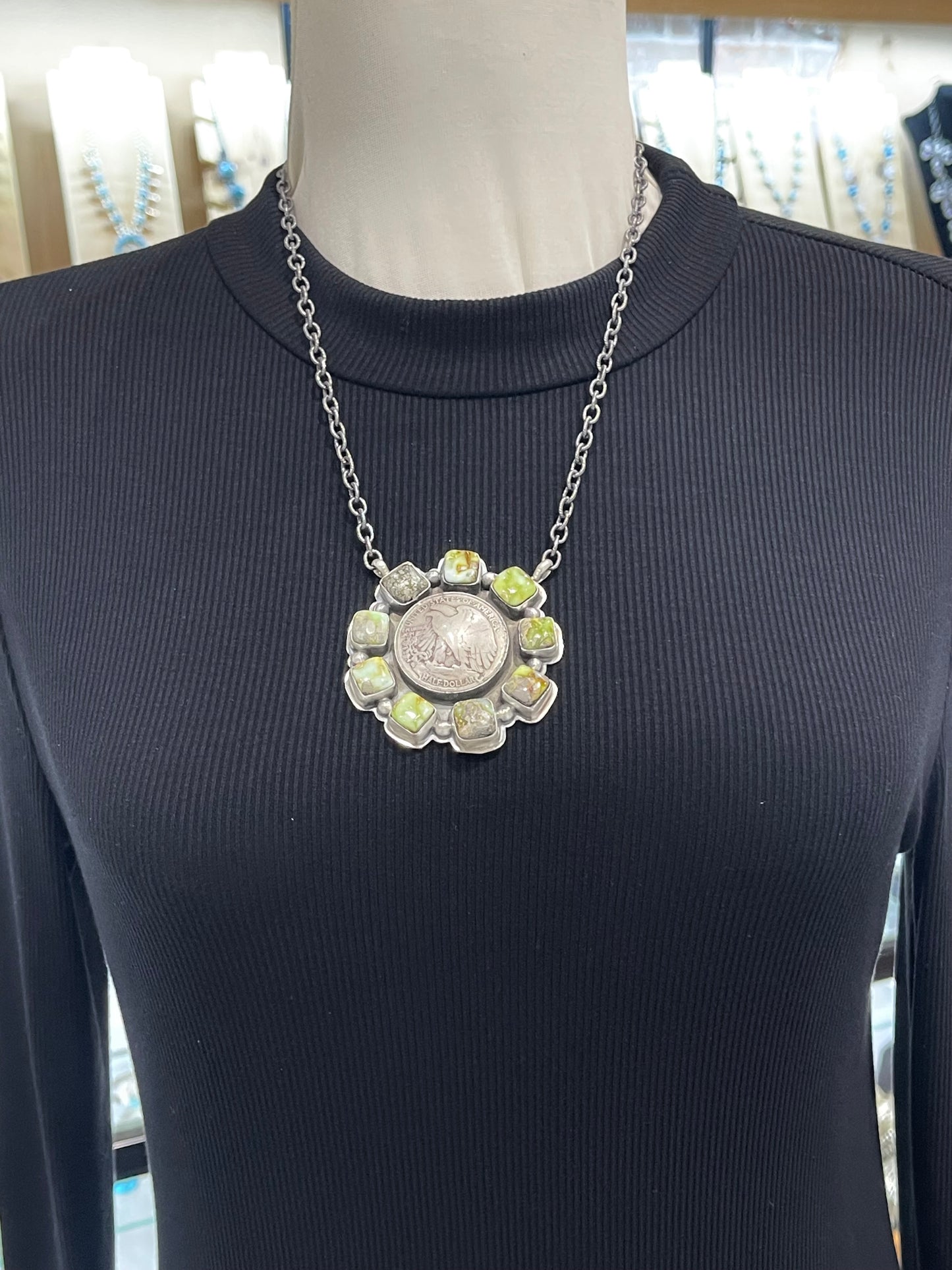 19" Eagle Silver Half Dollar with Palomino Turquoise Necklace