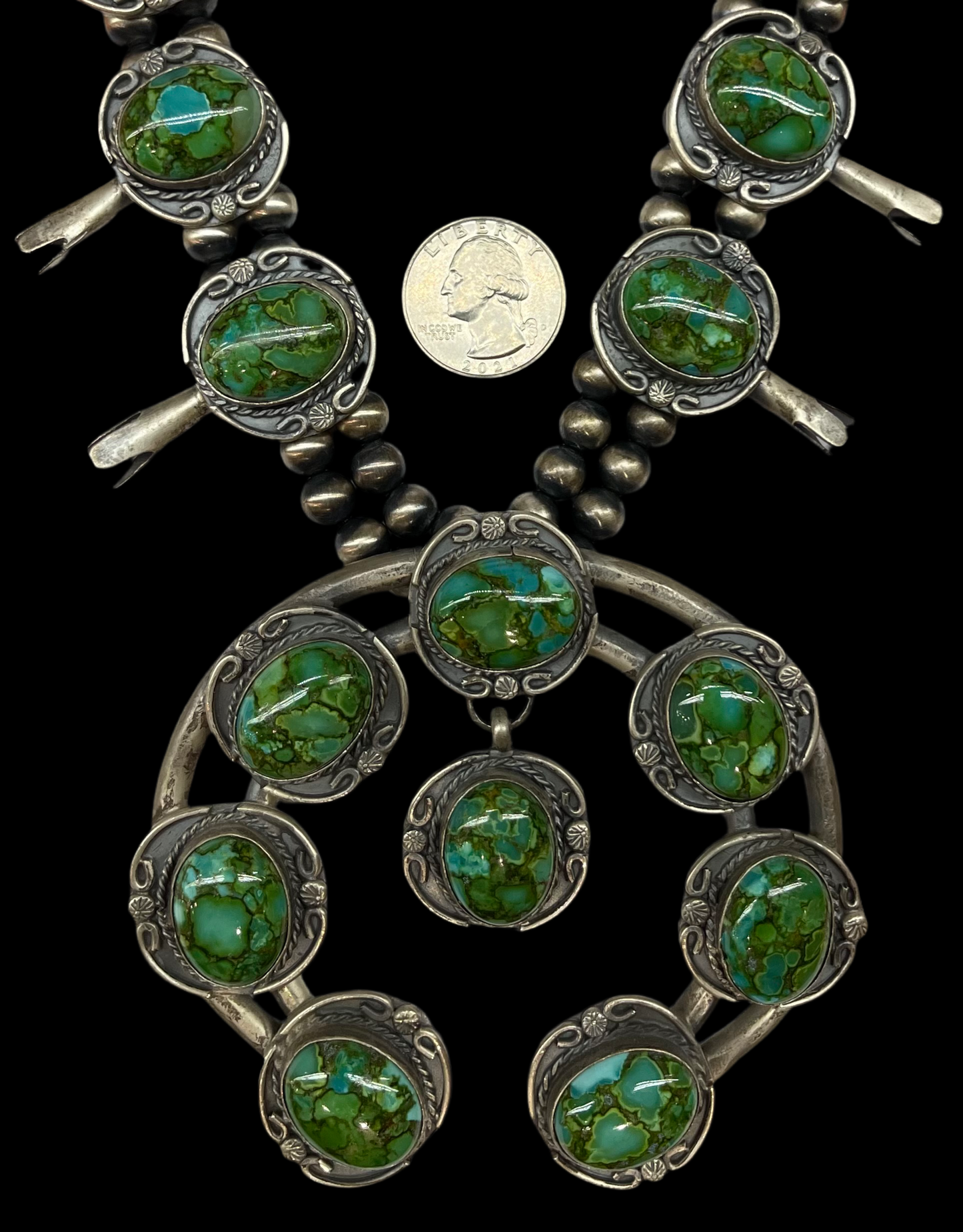 Native American made squash blossom Sonoran Gold Turquoise by Gilbert Nez