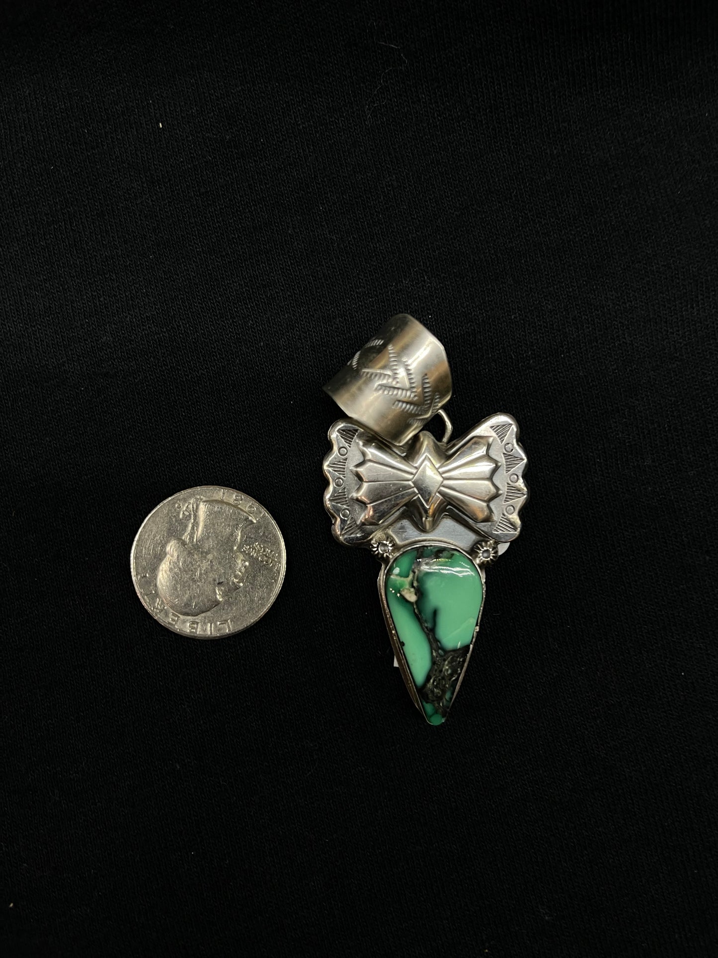 Emerald Rose Turquoise Teardrop Bow Pendant with a 12mm Bale by Ned Nez, Navajo