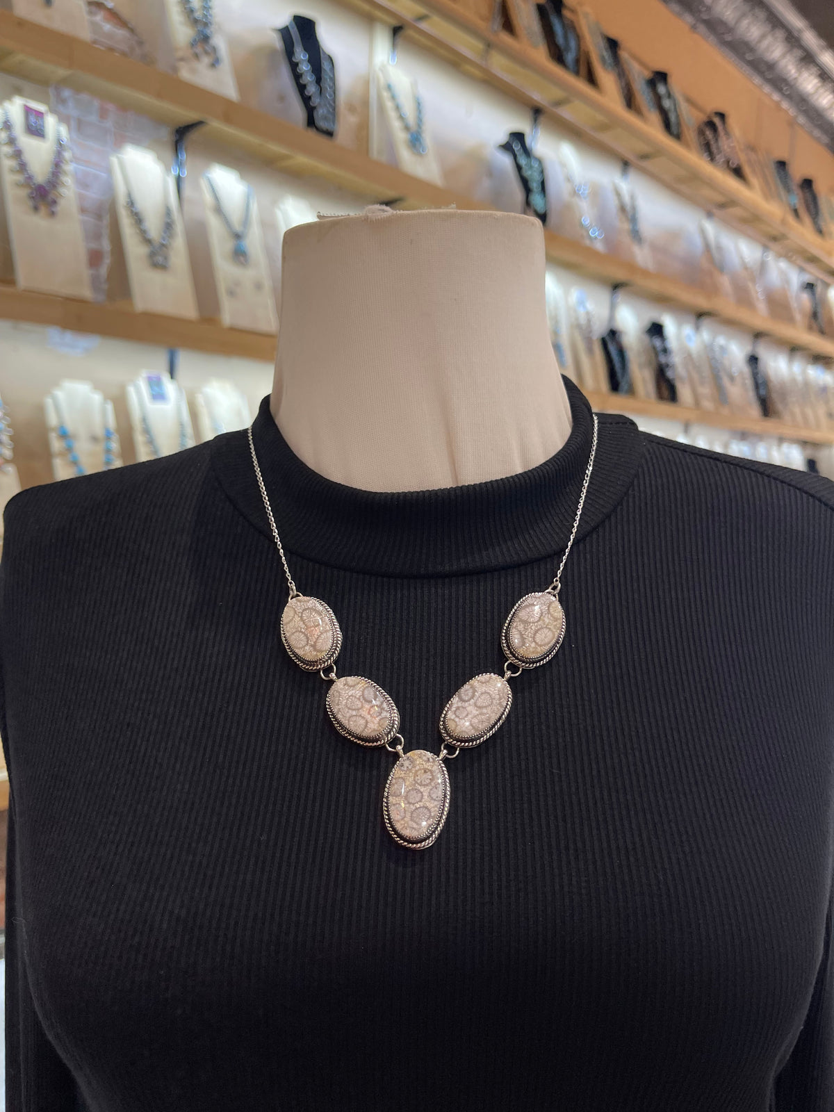 5 Stone Necklace & Earring Set Fossil Coral by Joe Begay, Navajo