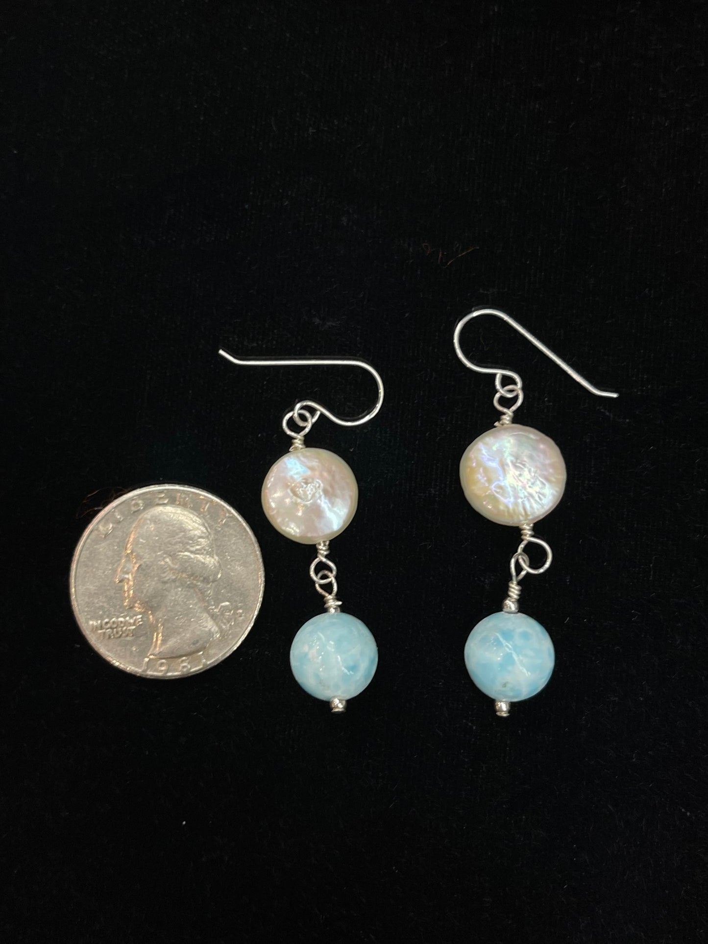 Fresh Water Pearls and Larimar Dangle Earrings