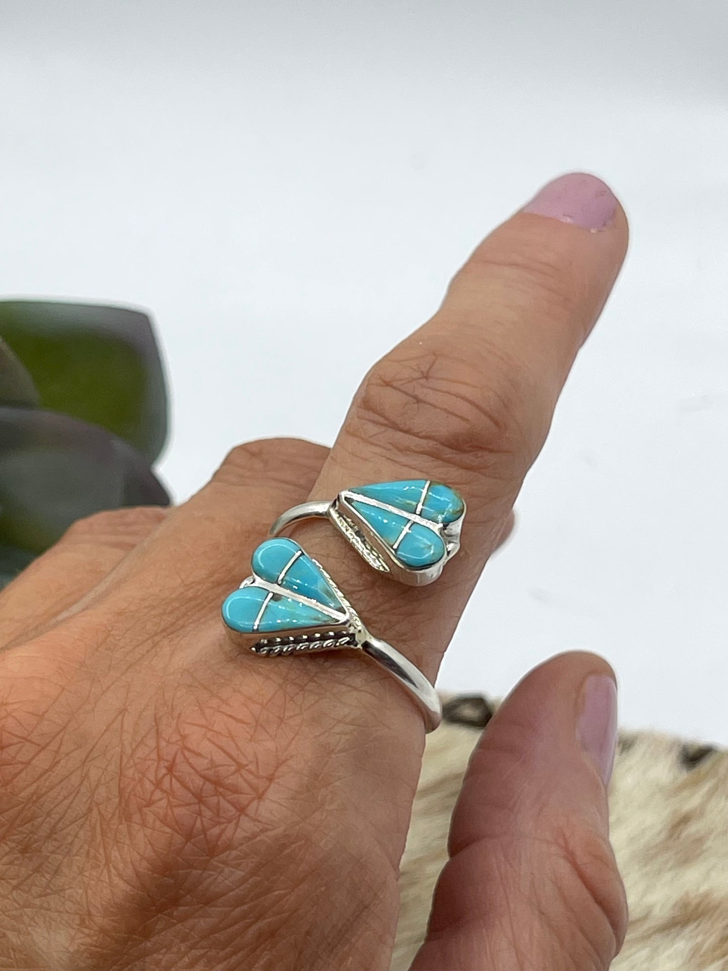 Adjustable Inlay Turquoise Double Heart Ring by Velda Nastacio, Zuni