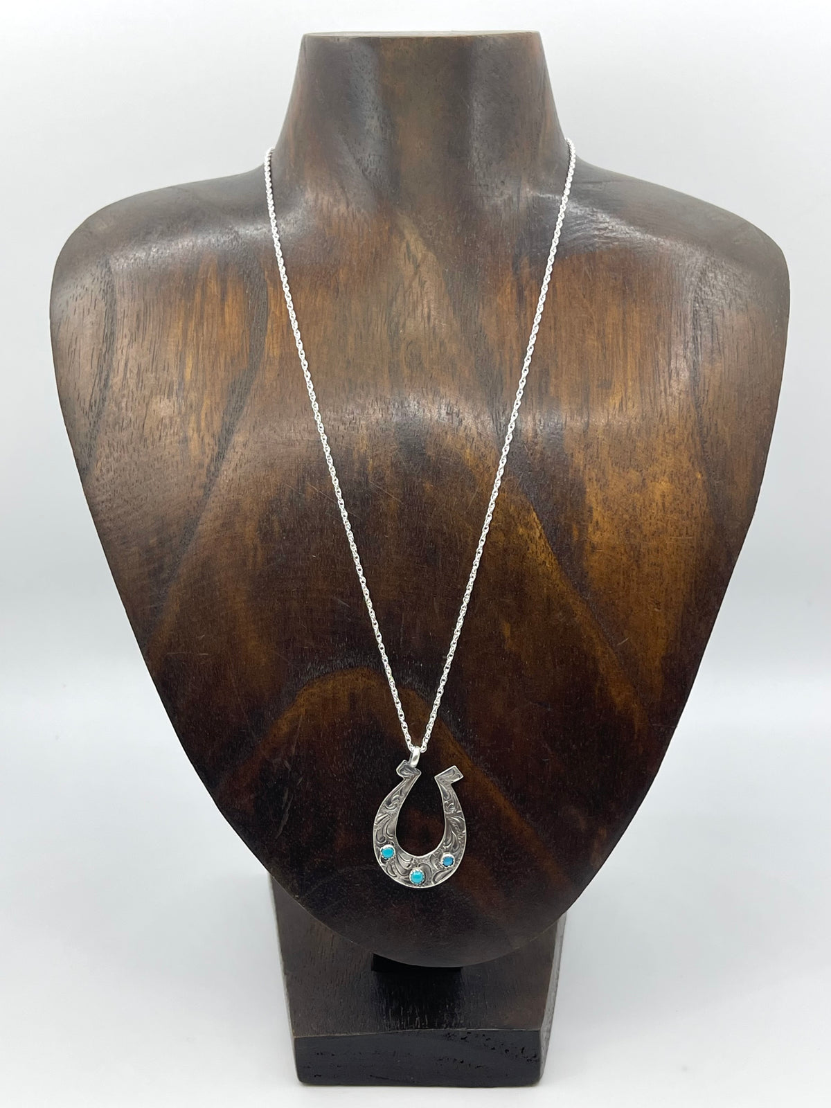 18” Engraved Horse Shoe Necklace with Turquoise by Sonyei Coho, Navajo