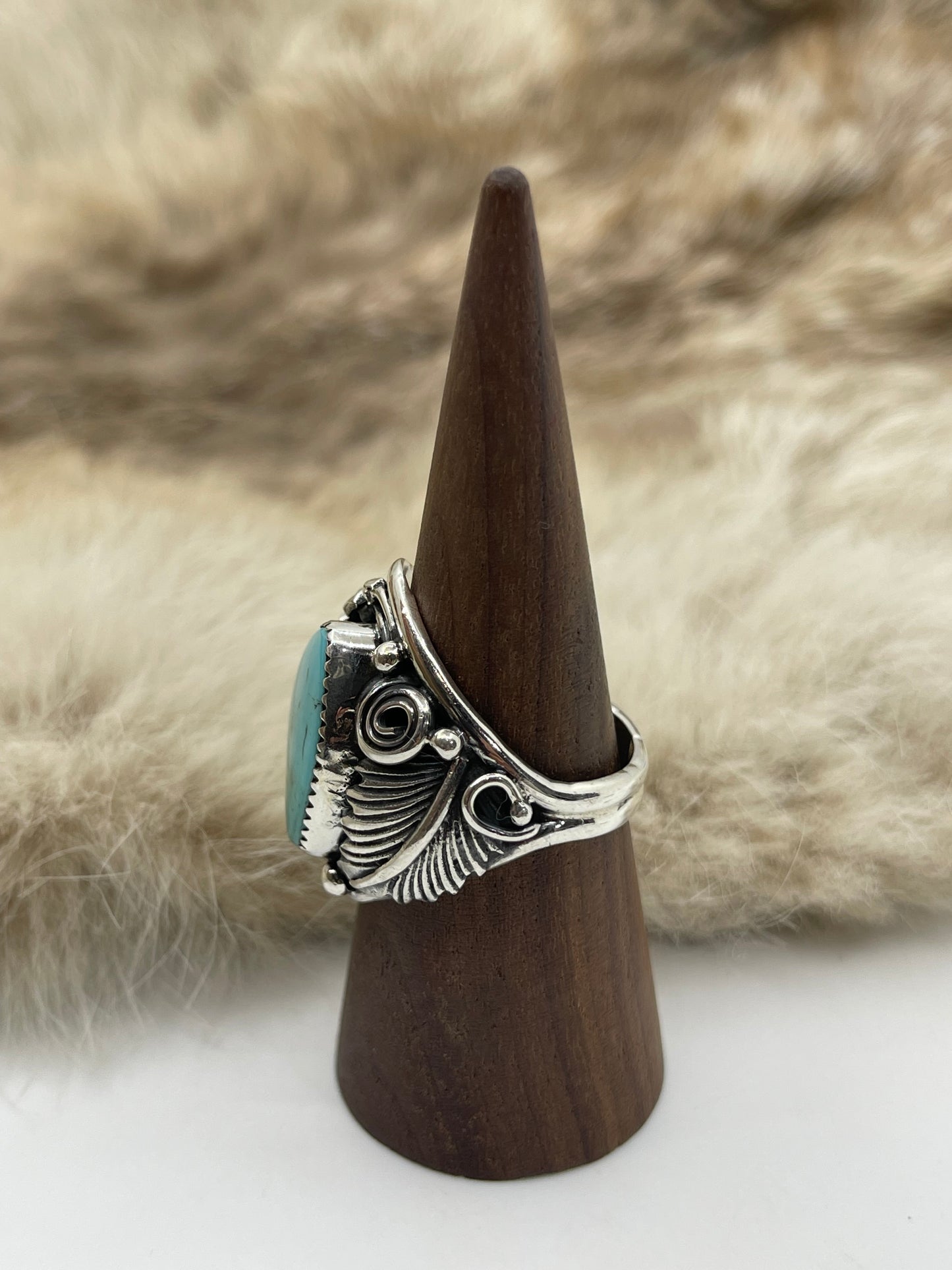 11.0 Turquoise Ring with Feather by Darrell Morgan, Navajo